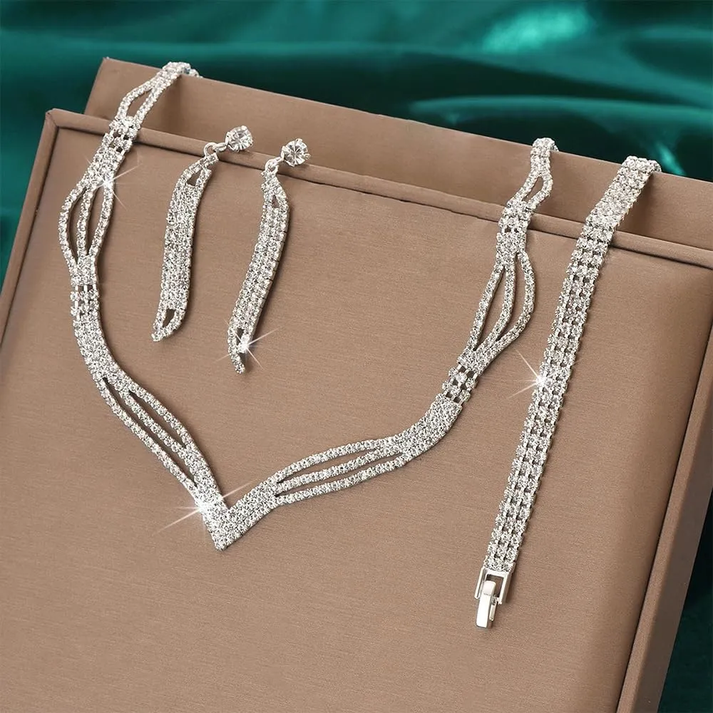 KBRPEY Set di Gioielli Donna Elegante Collana Orecchini Bracciale Anello Cristalli Brillanti Moda Accessori per Feste Matrimoni Cerimonie (Argento) - immagine 3