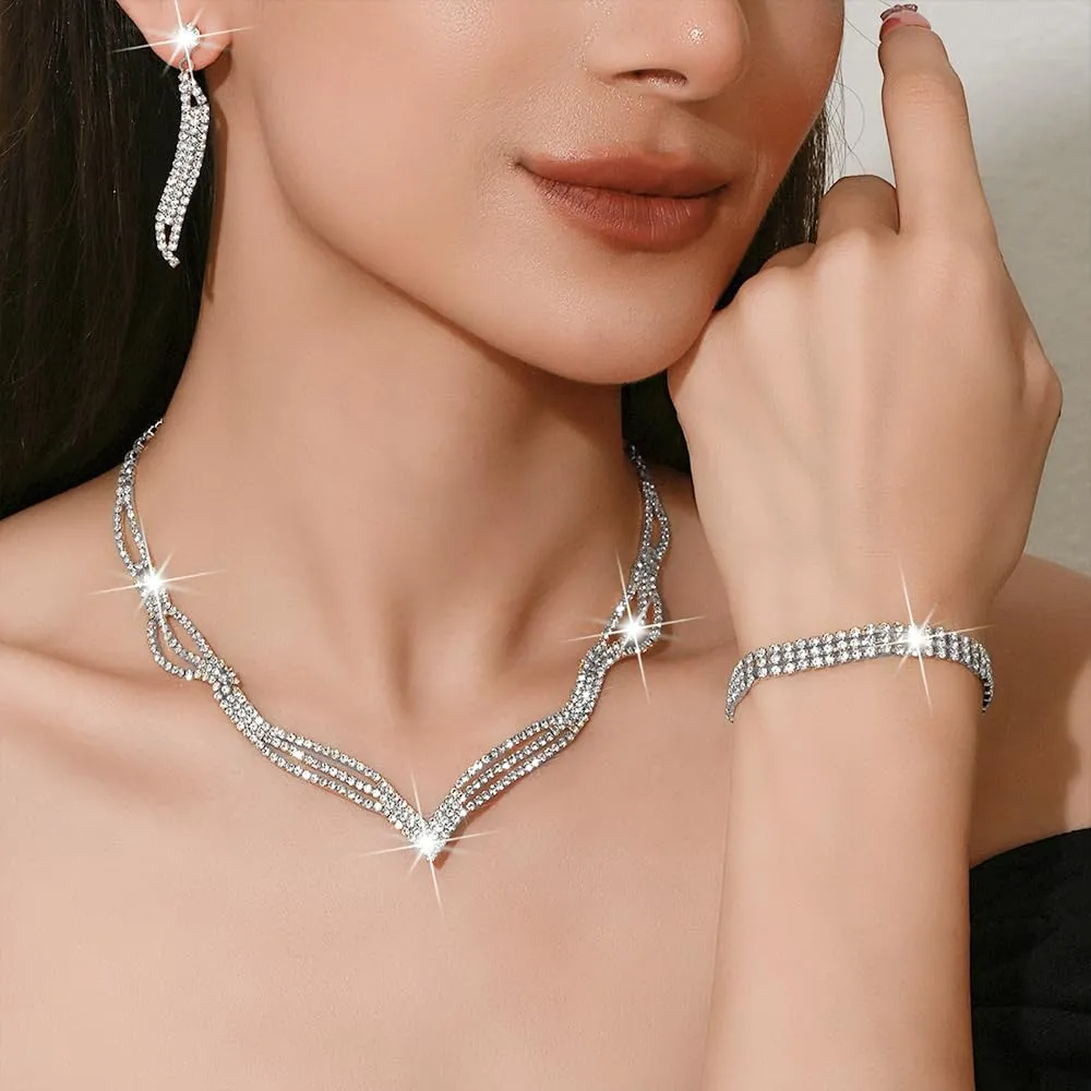 KBRPEY Set di Gioielli Donna Elegante Collana Orecchini Bracciale Anello Cristalli Brillanti Moda Accessori per Feste Matrimoni Cerimonie (Argento) - immagine 4