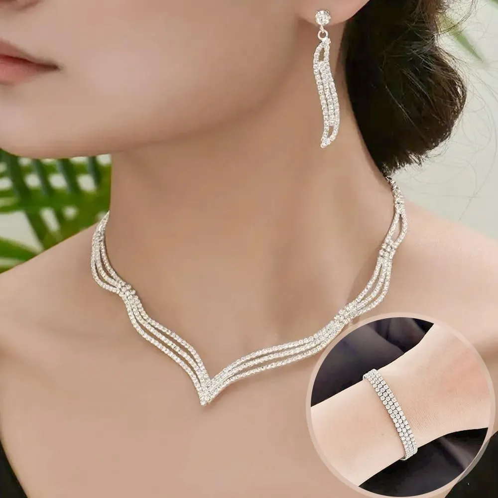 KBRPEY Set di Gioielli Donna Elegante Collana Orecchini Bracciale Anello Cristalli Brillanti Moda Accessori per Feste Matrimoni Cerimonie (Argento) - immagine 5