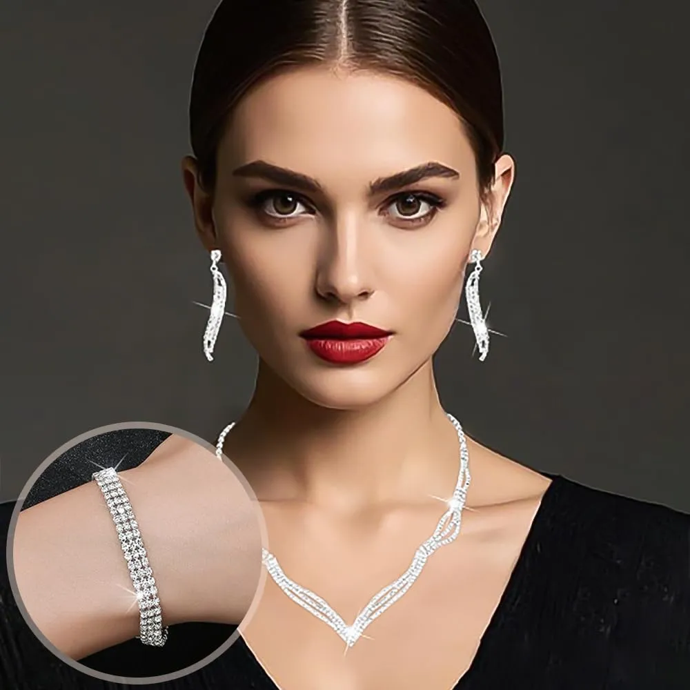 KBRPEY Set di Gioielli Donna Elegante Collana Orecchini Bracciale Anello Cristalli Brillanti Moda Accessori per Feste Matrimoni Cerimonie (Argento) - immagine 6