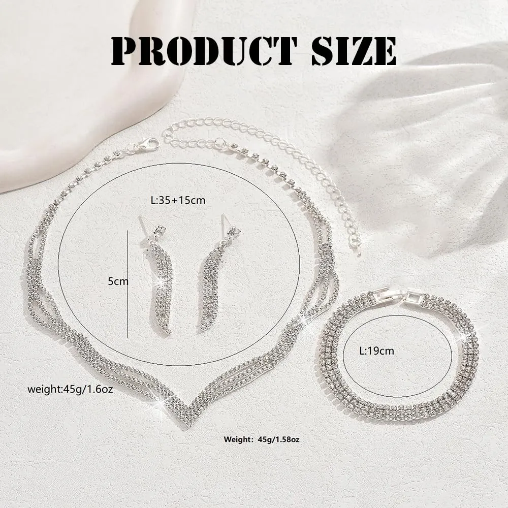 KBRPEY Set di Gioielli Donna Elegante Collana Orecchini Bracciale Anello Cristalli Brillanti Moda Accessori per Feste Matrimoni Cerimonie (Argento) - immagine 7