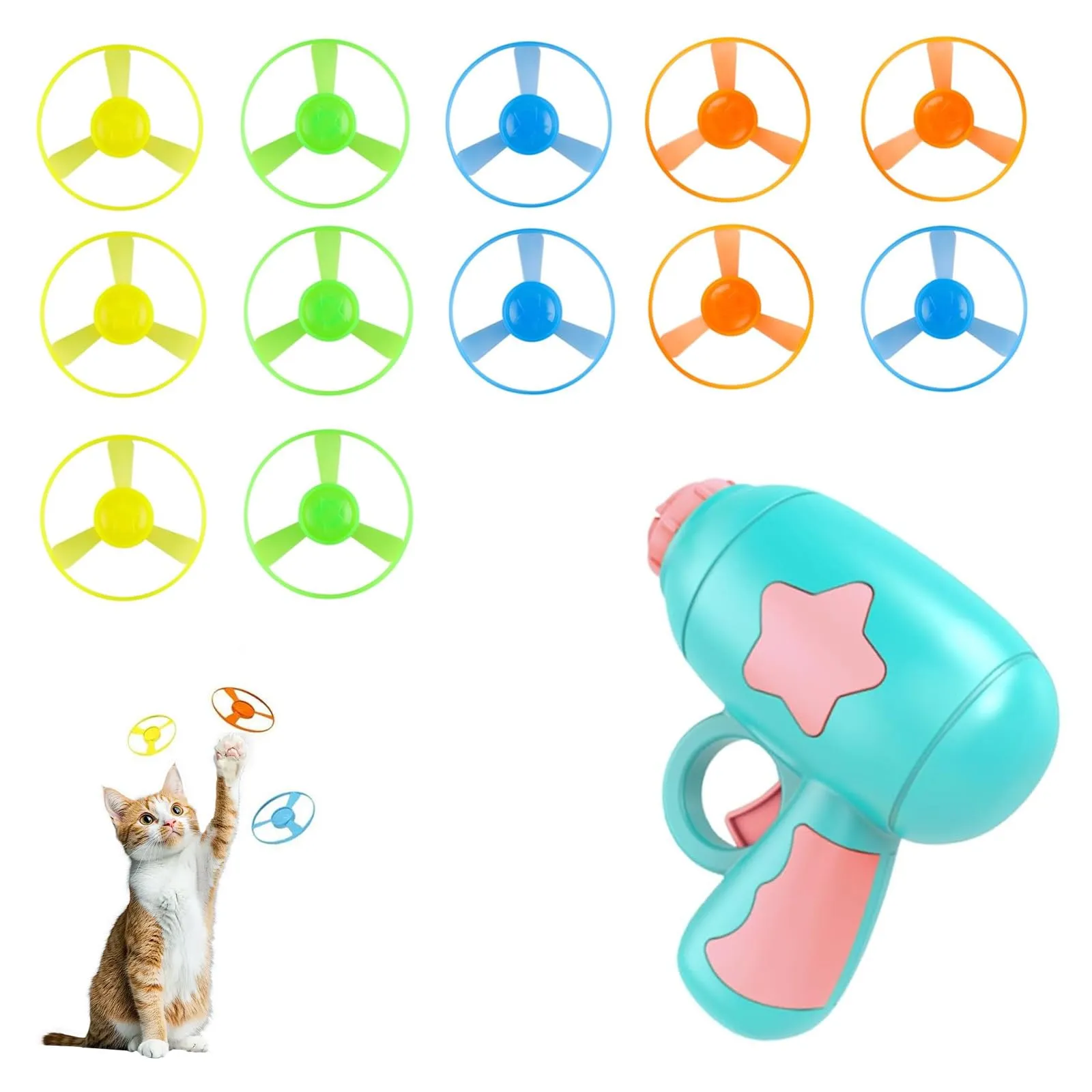 Voarge Set di giocattoli interattivi per gatti, 1 lanciatore blu e 12 volanti colorati, per allenamenti, fetch - immagine 1