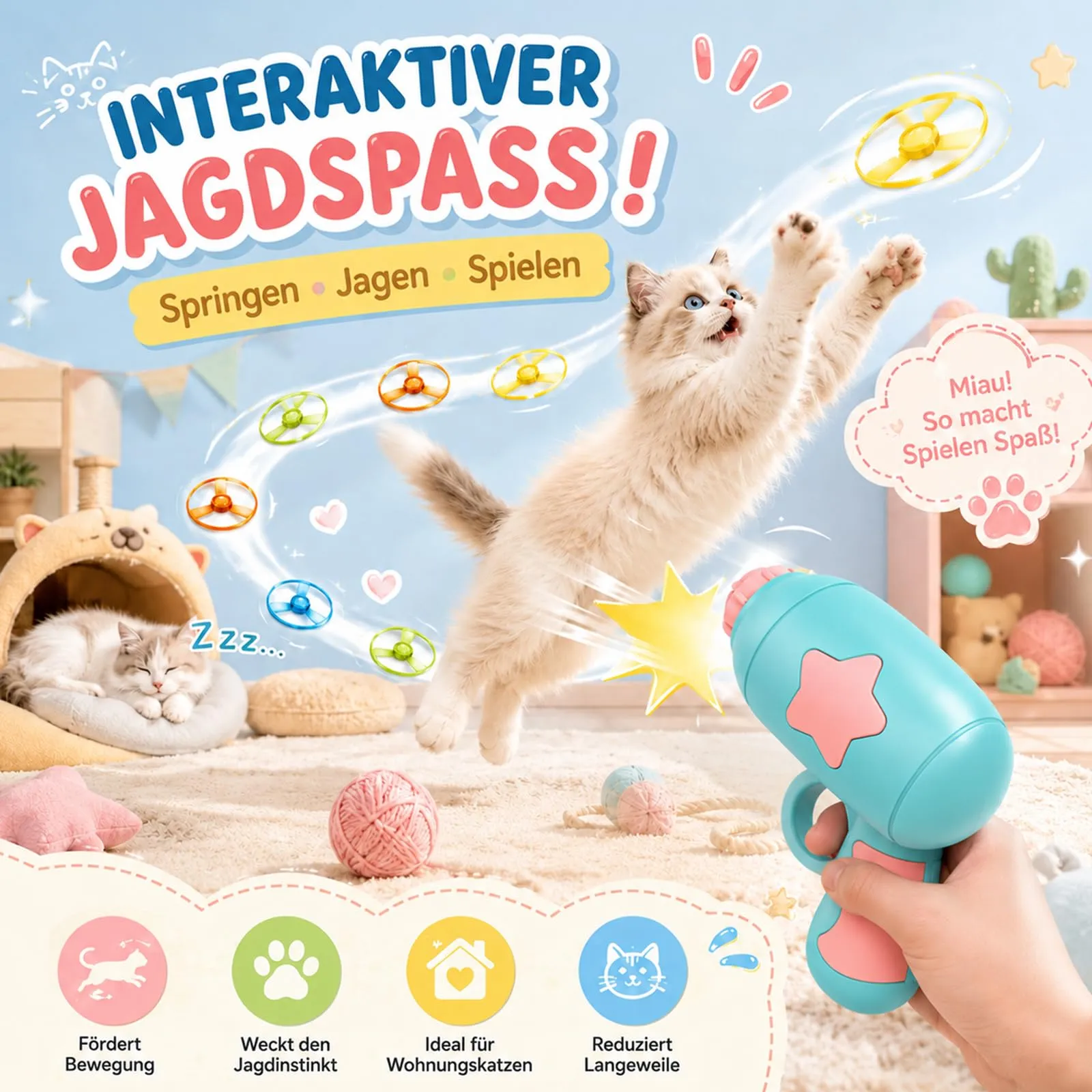 Voarge Set di giocattoli interattivi per gatti, 1 lanciatore blu e 12 volanti colorati, per allenamenti, fetch - immagine 3