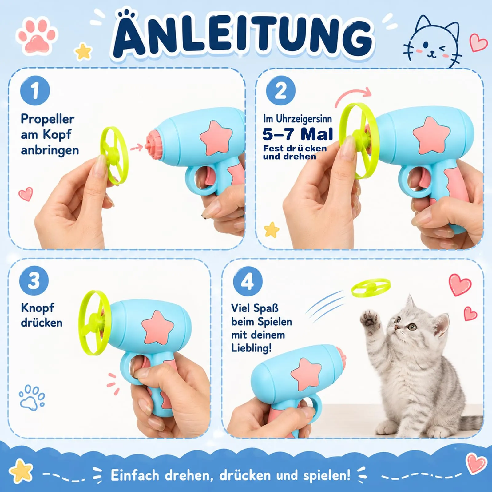 Voarge Set di giocattoli interattivi per gatti, 1 lanciatore blu e 12 volanti colorati, per allenamenti, fetch - immagine 5