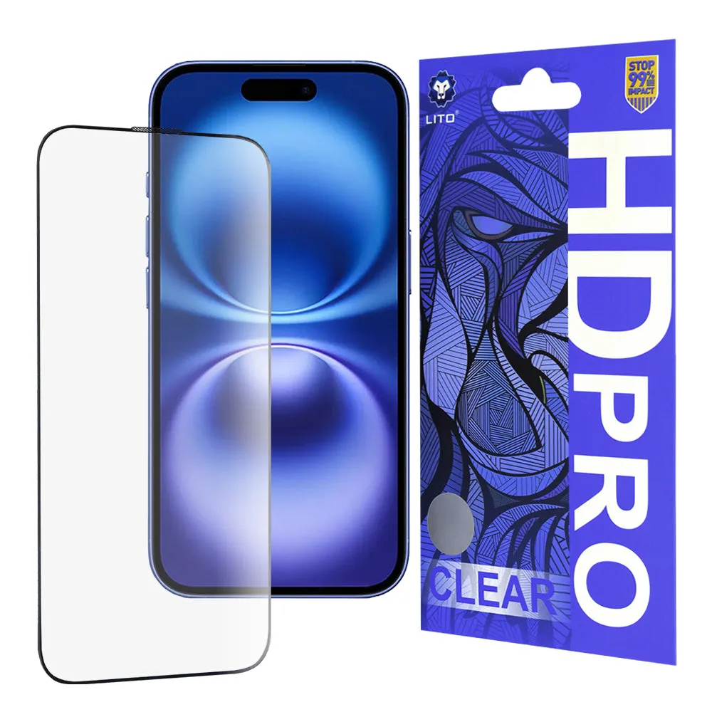 Pellicola protettiva per schermo Lito HD Pro Clear per Apple iPhone 16, Vetro temperato, Full Glue, Nero - immagine 1