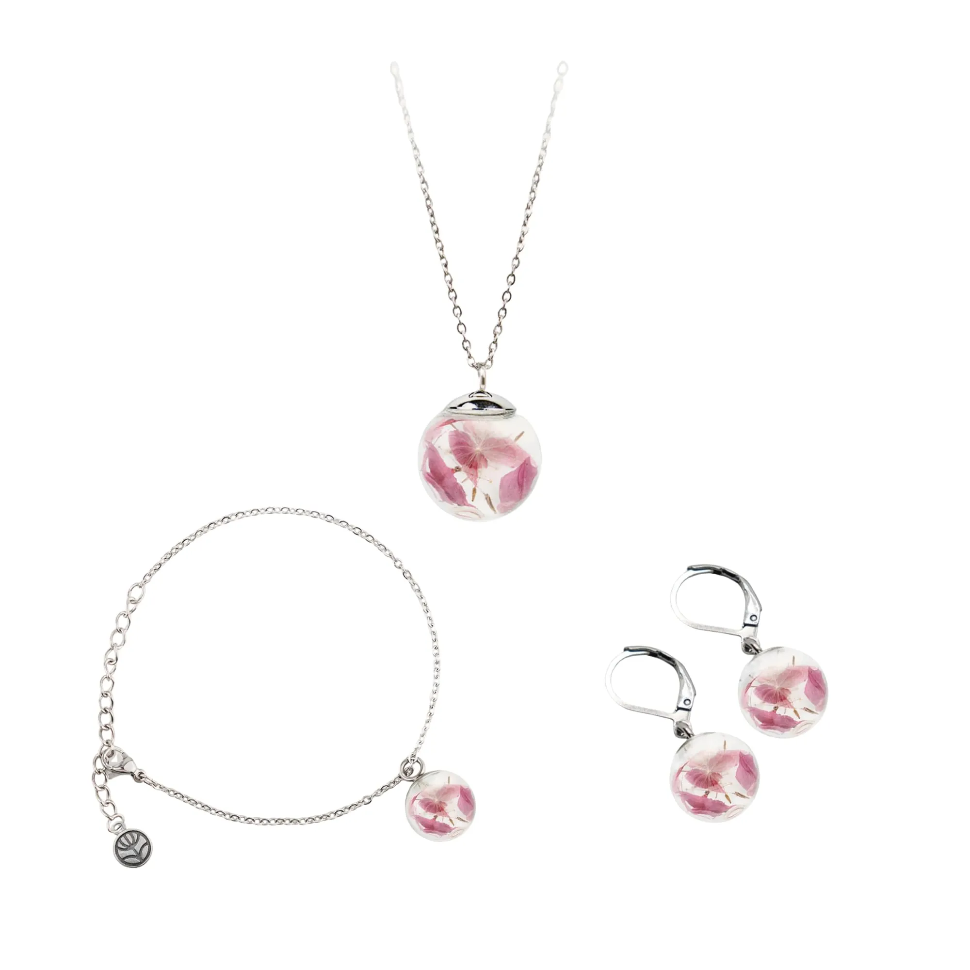 Gioielli Botanici® Parure Donna | Collana Maglie Elegance + Bracciale + Orecchini con Fiori Veri Essiccati in Ampolla di Vetro | Acciaio Inox AISI 316 | Made Italy (Hanami) - immagine 1