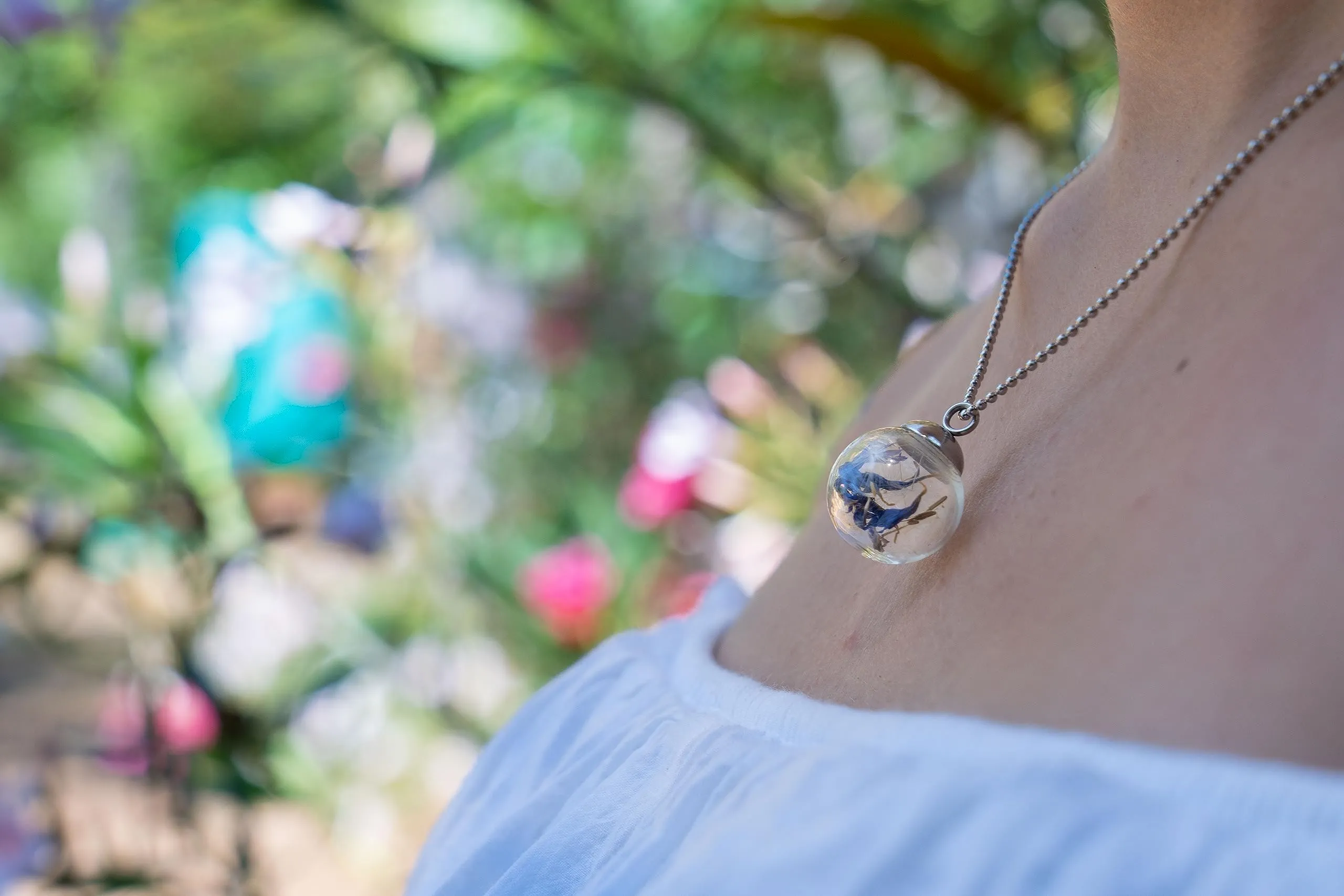 Gioielli Botanici® Parure Donna | Collana Maglie Elegance + Bracciale + Orecchini con Fiori Veri Essiccati in Ampolla di Vetro | Acciaio Inox AISI 316 | Made Italy (Hanami) - immagine 5