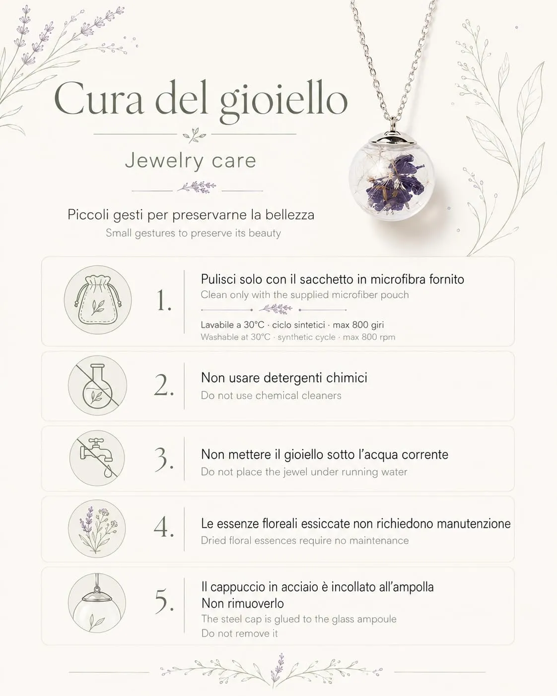Gioielli Botanici® Parure Donna | Collana Maglie Elegance + Bracciale + Orecchini con Fiori Veri Essiccati in Ampolla di Vetro | Acciaio Inox AISI 316 | Made Italy (Hanami) - immagine 8