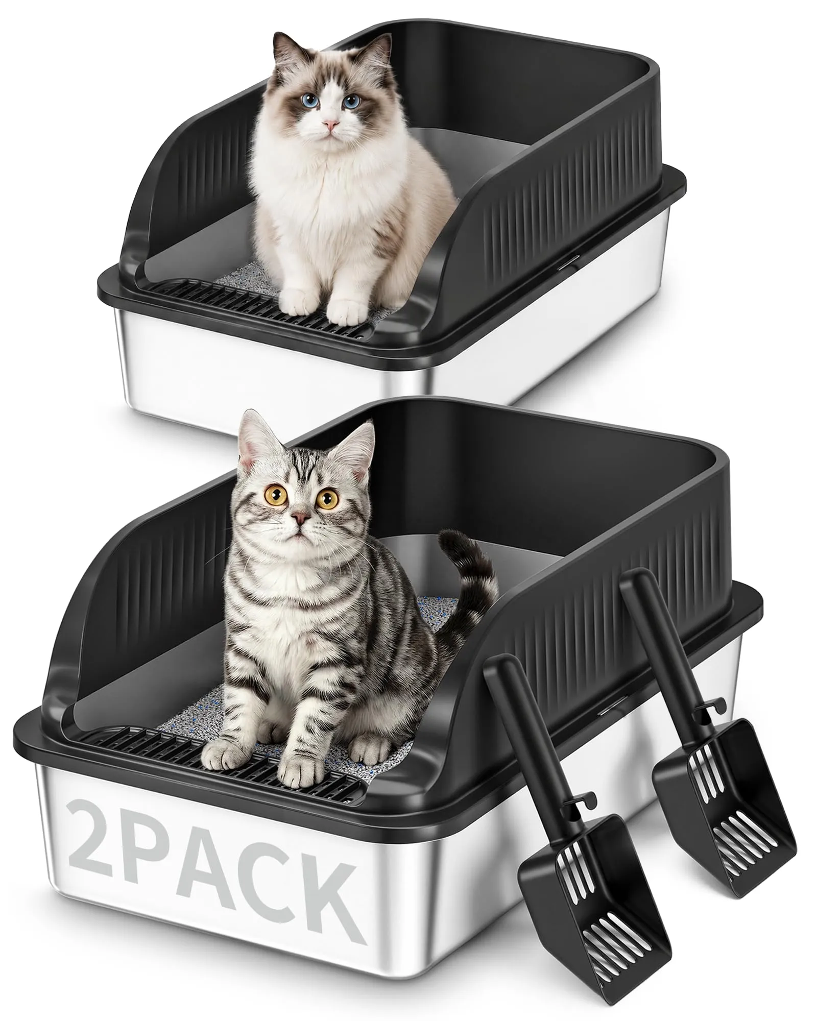 2 Pezzi Lettiera Gatto Acciaio Inox, Lettiera per Gatti con 2 Palette, Semi-Chiusa Toilette per Gatti Grande XXL, Sabbiera Alta Rimovibile, Antiodore, Facile da Pulire, Antiaderente, Nero - immagine 1