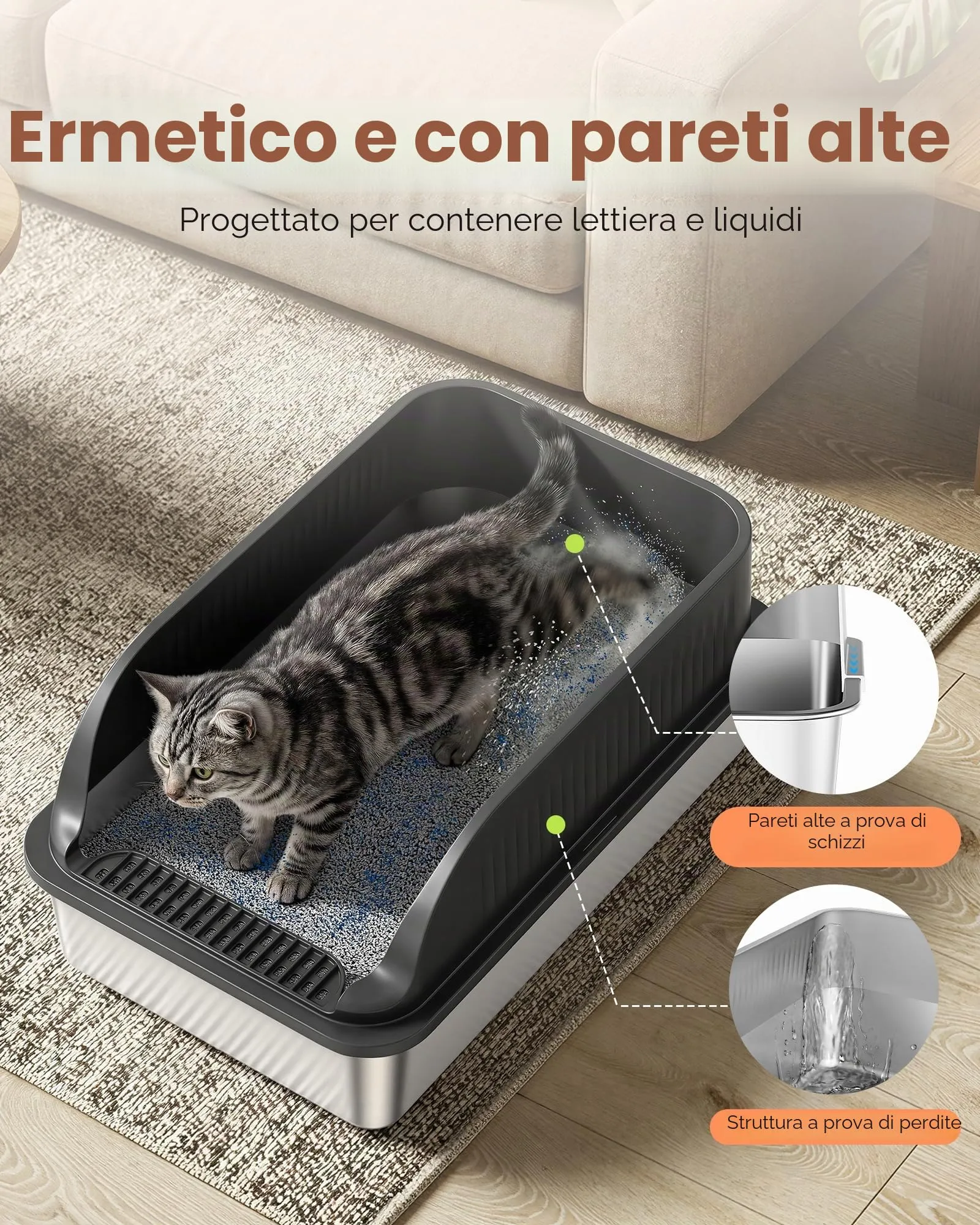 2 Pezzi Lettiera Gatto Acciaio Inox, Lettiera per Gatti con 2 Palette, Semi-Chiusa Toilette per Gatti Grande XXL, Sabbiera Alta Rimovibile, Antiodore, Facile da Pulire, Antiaderente, Nero - immagine 2