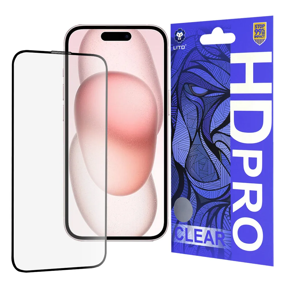 Pellicola protettiva per schermo Lito HD Pro Clear per Apple iPhone 15, Vetro temperato, Full Glue, Nero - immagine 1
