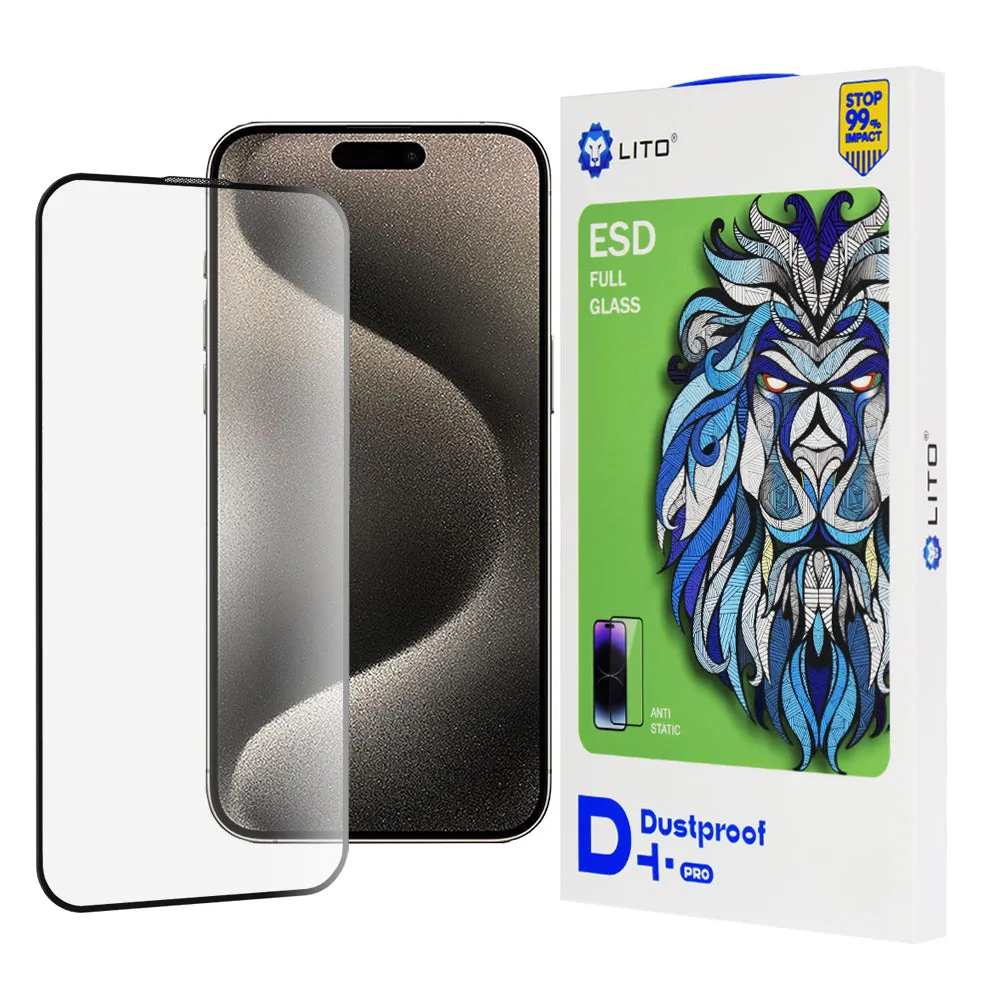 Pellicola protettiva per schermo Lito D+ Pro Dustproof per Apple iPhone 15, vetro temperato, adesivo completo, nero - immagine 1