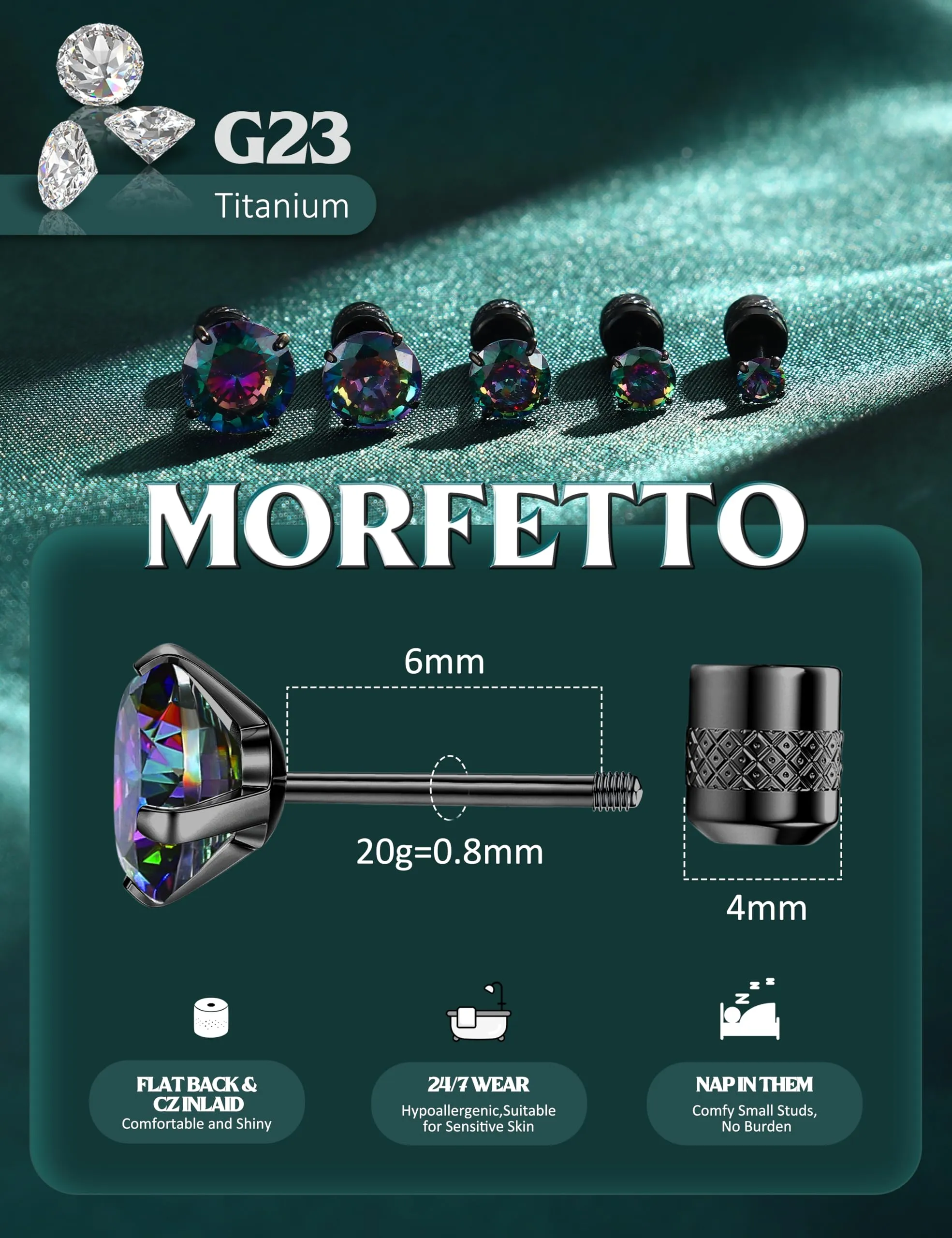 Morfetto Orecchini Titanio G23 Anallergici Con Zircone Cubica Donna Uomo - Piercing Orecchio Helix Trago Conch Titanio Orecchini Punto Luce Orecchie Sensibili Unisex Gioielli Nero Arcobaleno 6MM - immagine 2