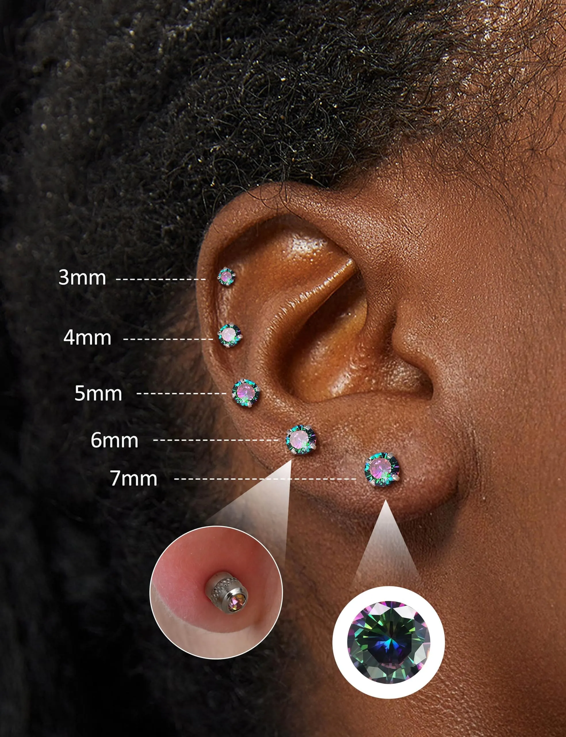 Morfetto Orecchini Titanio G23 Anallergici Con Zircone Cubica Donna Uomo - Piercing Orecchio Helix Trago Conch Titanio Orecchini Punto Luce Orecchie Sensibili Unisex Gioielli Argento Arcobaleno 4MM - immagine 3