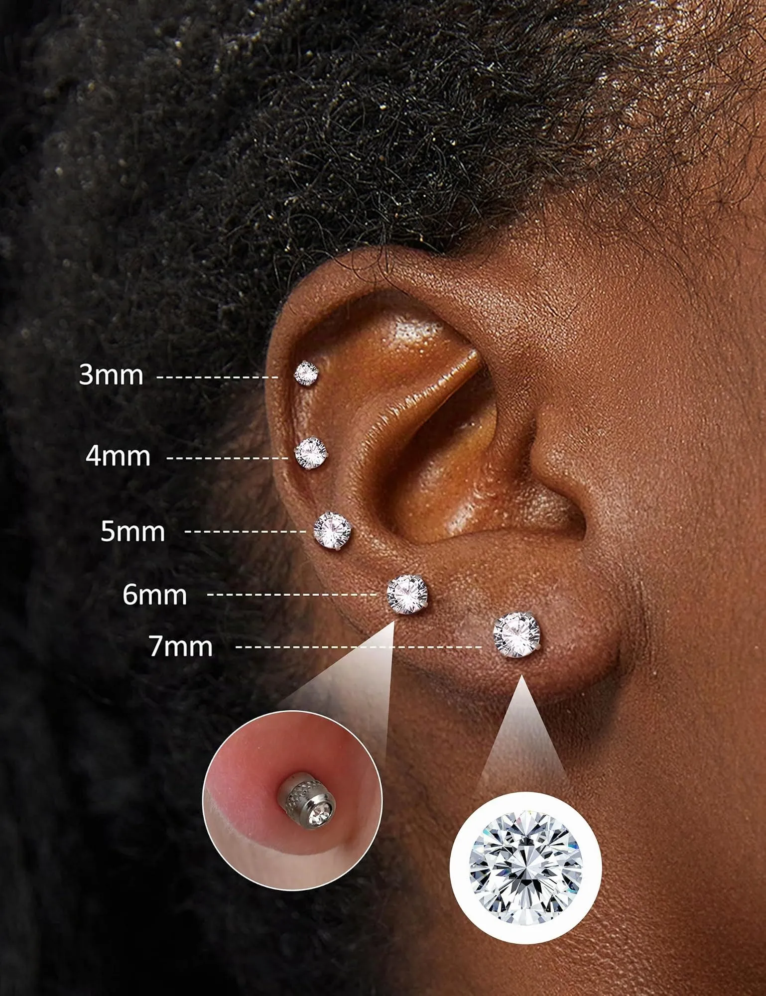Morfetto Orecchini Titanio G23 Anallergici Con Zircone Cubica Donna Uomo - Piercing Orecchio Helix Trago Conch Titanio Orecchini Punto Luce Orecchie Sensibili Unisex Gioielli Argento 5MM - immagine 3