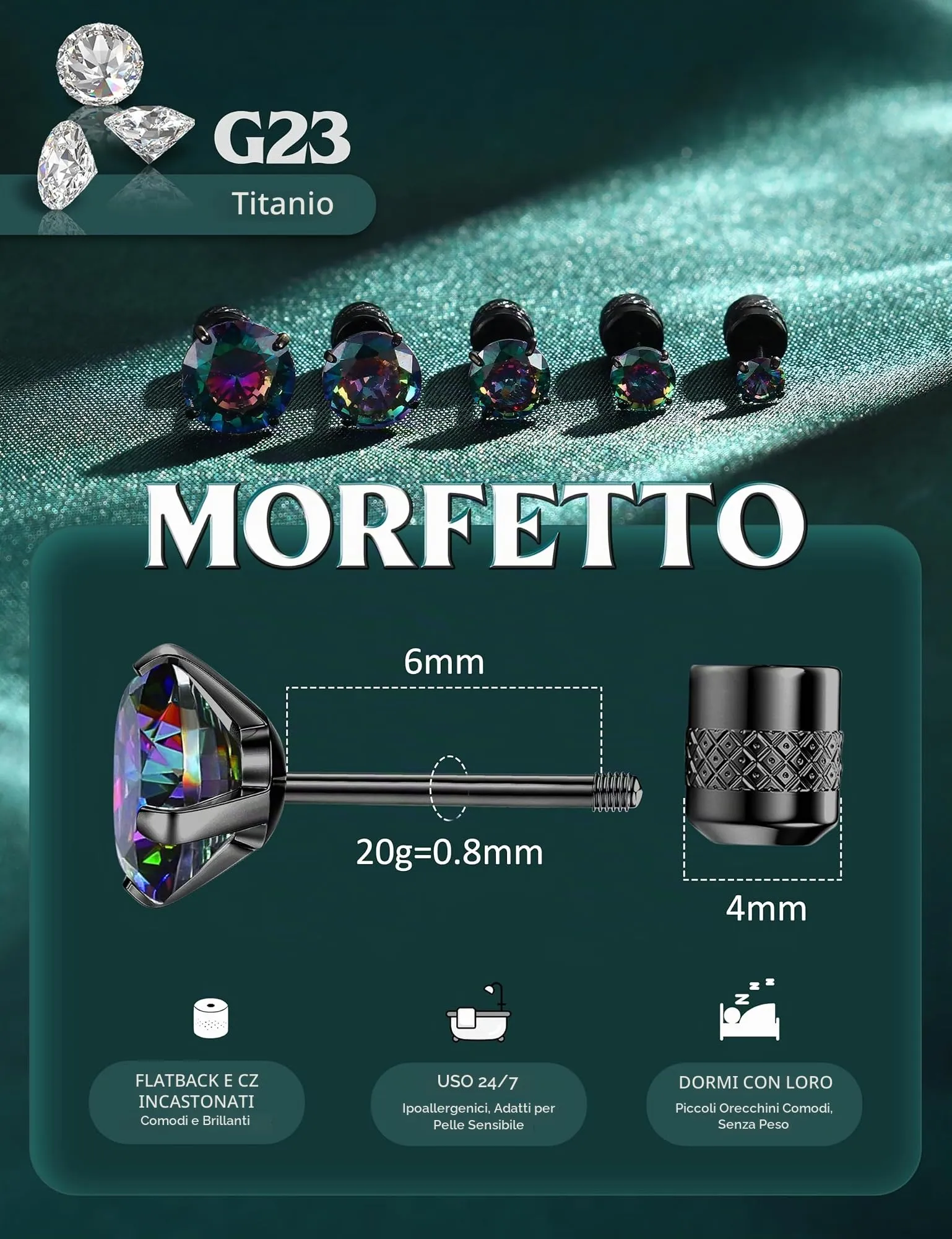 Morfetto Orecchini Titanio G23 Anallergici Con Zircone Cubica Donna Uomo - Piercing Orecchio Helix Trago Conch Titanio Orecchini Punto Luce Orecchie Sensibili Unisex Gioielli Nero Arcobaleno 4MM - immagine 2