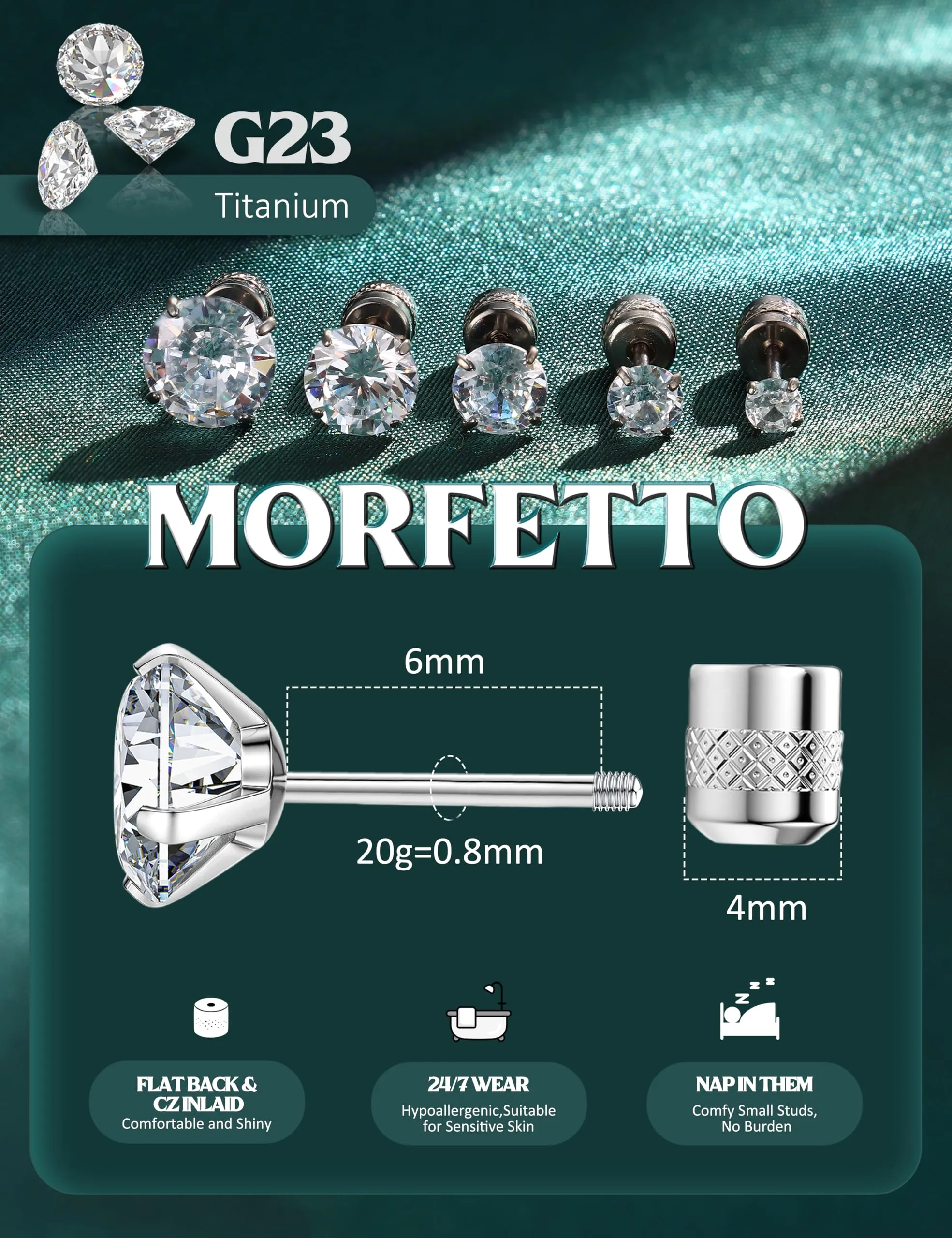Morfetto Orecchini Titanio G23 Anallergici Con Zircone Cubica Donna Uomo - Piercing Orecchio Helix Trago Conch Titanio Orecchini Punto Luce Orecchie Sensibili Unisex Gioielli Argento 4MM - immagine 2