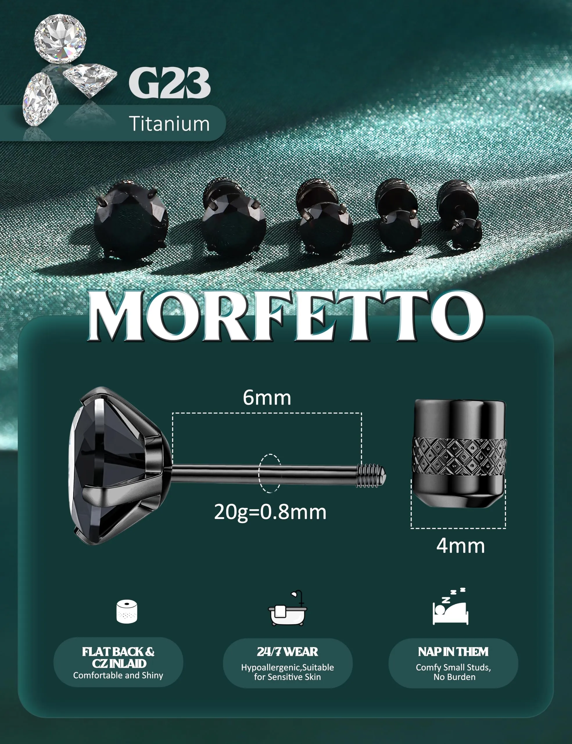 Morfetto Orecchini Titanio G23 Anallergici Con Zircone Cubica Donna Uomo - Piercing Orecchio Helix Trago Conch Titanio Orecchini Punto Luce Orecchie Sensibili Unisex Gioielli Nero 5MM - immagine 2