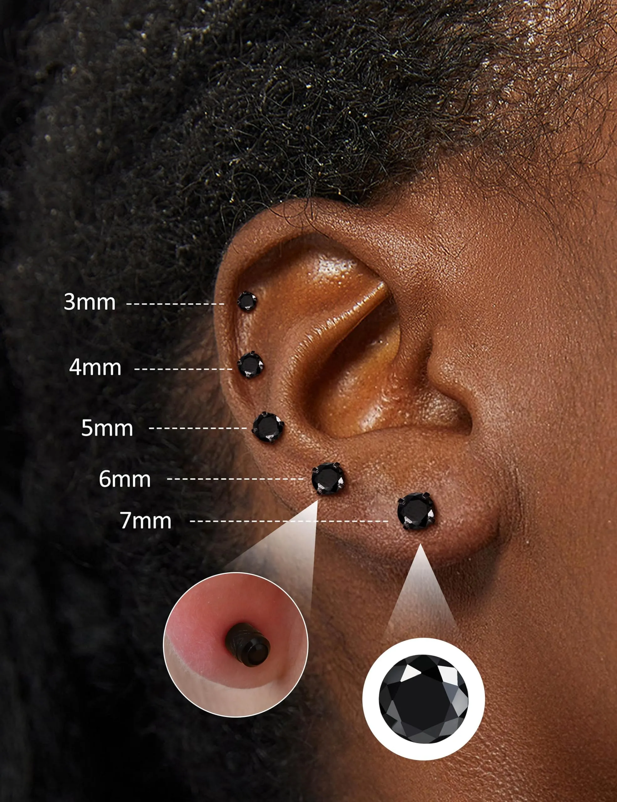 Morfetto Orecchini Titanio G23 Anallergici Con Zircone Cubica Donna Uomo - Piercing Orecchio Helix Trago Conch Titanio Orecchini Punto Luce Orecchie Sensibili Unisex Gioielli Nero 5MM - immagine 3
