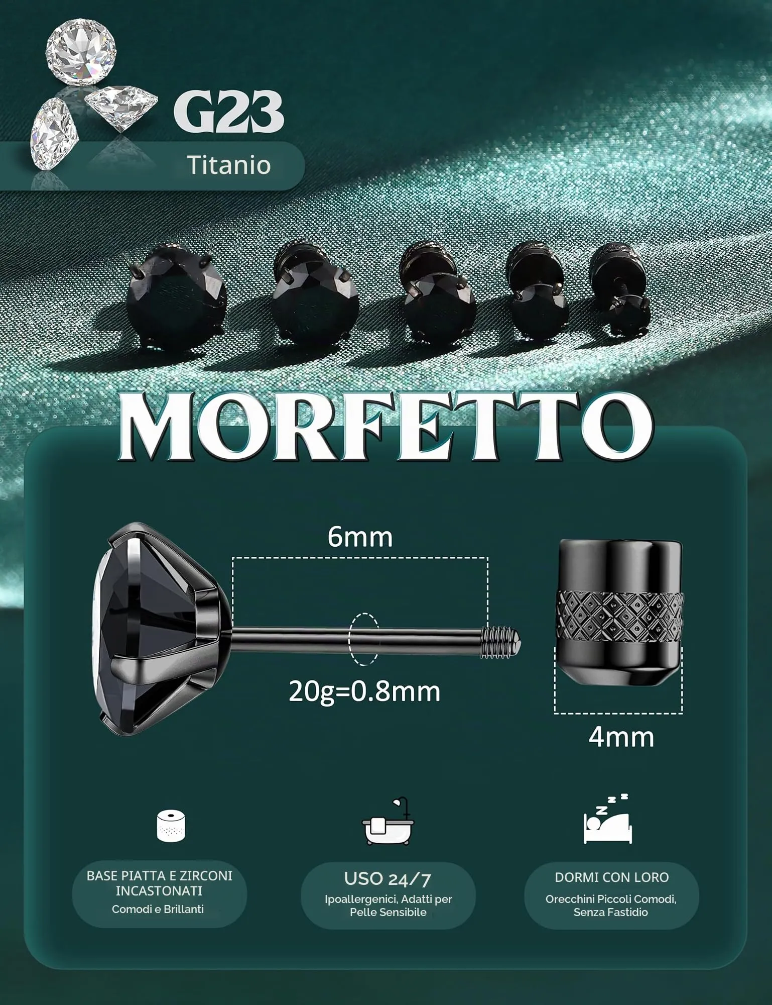 Morfetto Orecchini Titanio G23 Anallergici Con Zircone Cubica Donna Uomo - Piercing Orecchio Helix Trago Conch Titanio Orecchini Punto Luce Orecchie Sensibili Unisex Gioielli Nero 4MM - immagine 2