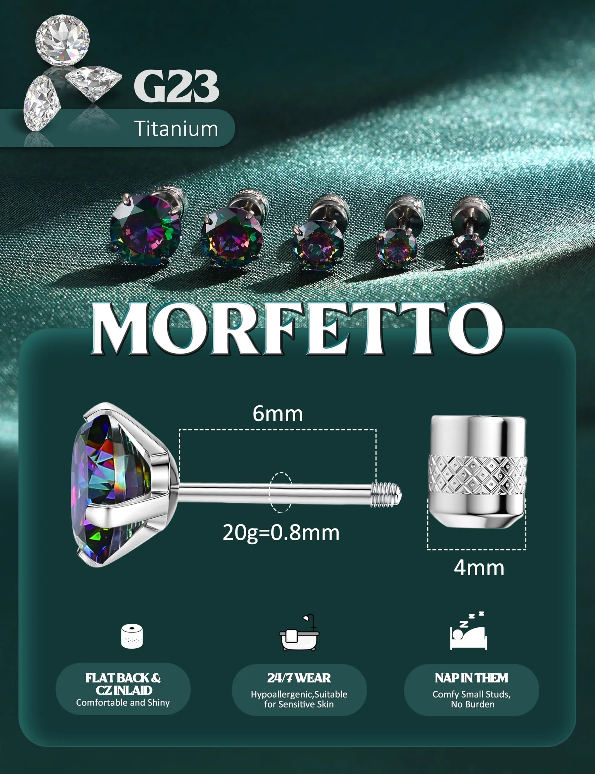Morfetto Orecchini Titanio G23 Anallergici Con Zircone Cubica Donna Uomo - Piercing Orecchio Helix Trago Conch Titanio Orecchini Punto Luce Orecchie Sensibili Unisex Gioielli Argento Arcobaleno 6MM - immagine 2