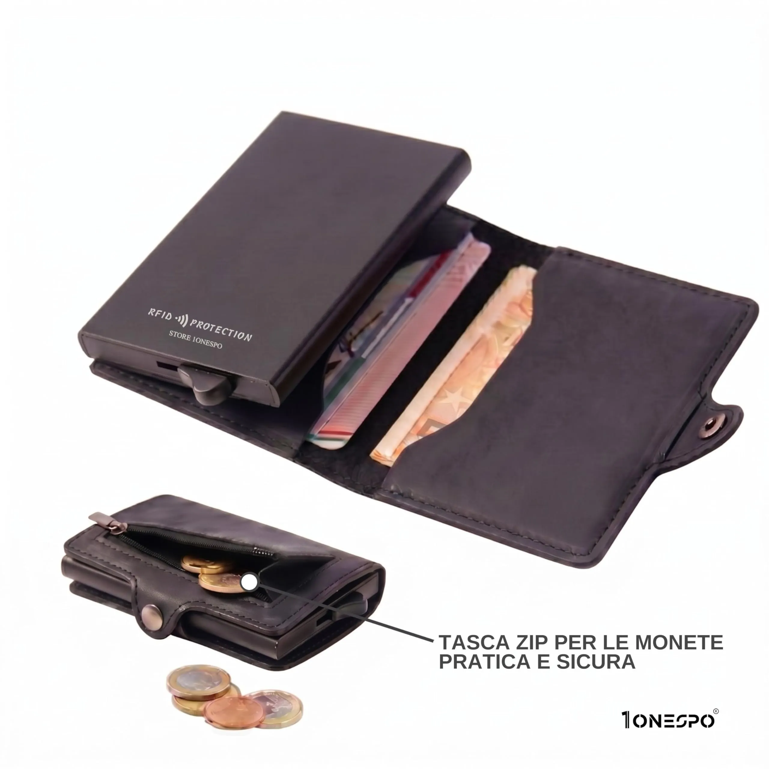 1ONESPO Porta Carte Uomo con portamonete e contanti - Portacarte Uomo - Porta Tessere Uomo tascabile protezione RFID, Nero-Arancione Vintage - immagine 4