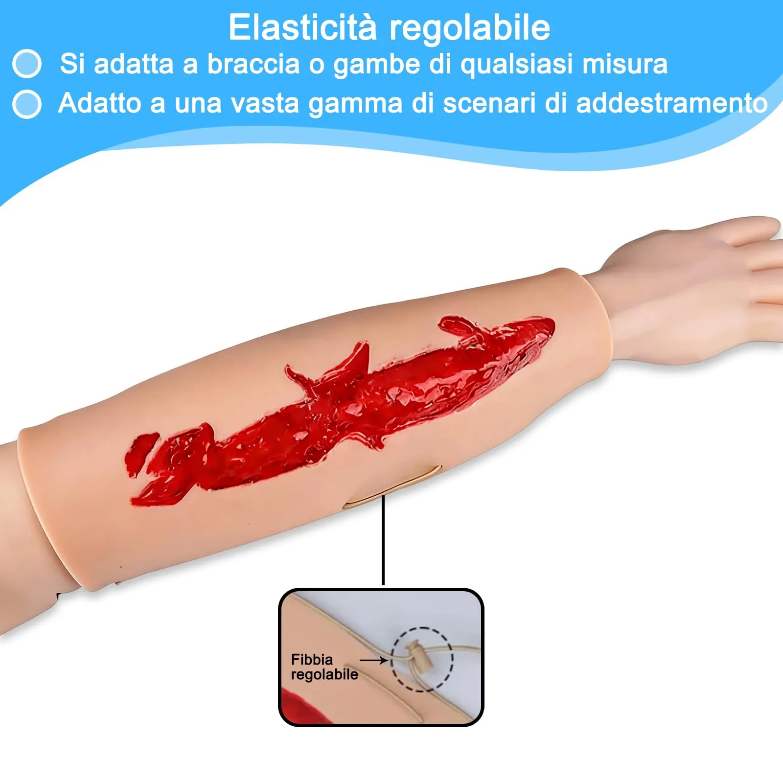 Simulatore indossabile per lacerazioni profonde e ferite da arma da taglio - Modello in silicone per traumi penetranti, per esercitarsi nel tamponamento, nella sutura e nella pulizia delle ferite - immagine 2