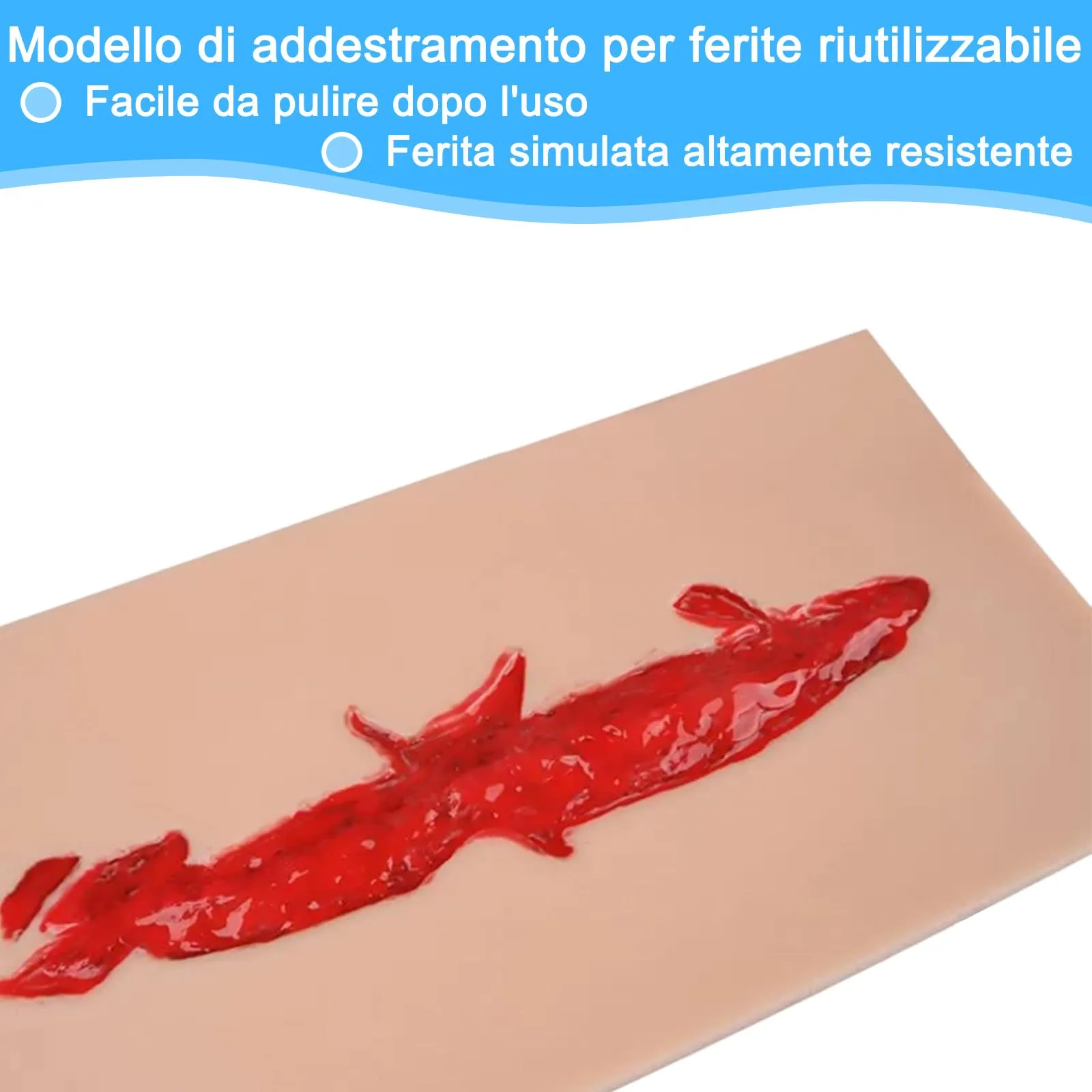 Simulatore indossabile per lacerazioni profonde e ferite da arma da taglio - Modello in silicone per traumi penetranti, per esercitarsi nel tamponamento, nella sutura e nella pulizia delle ferite - immagine 3
