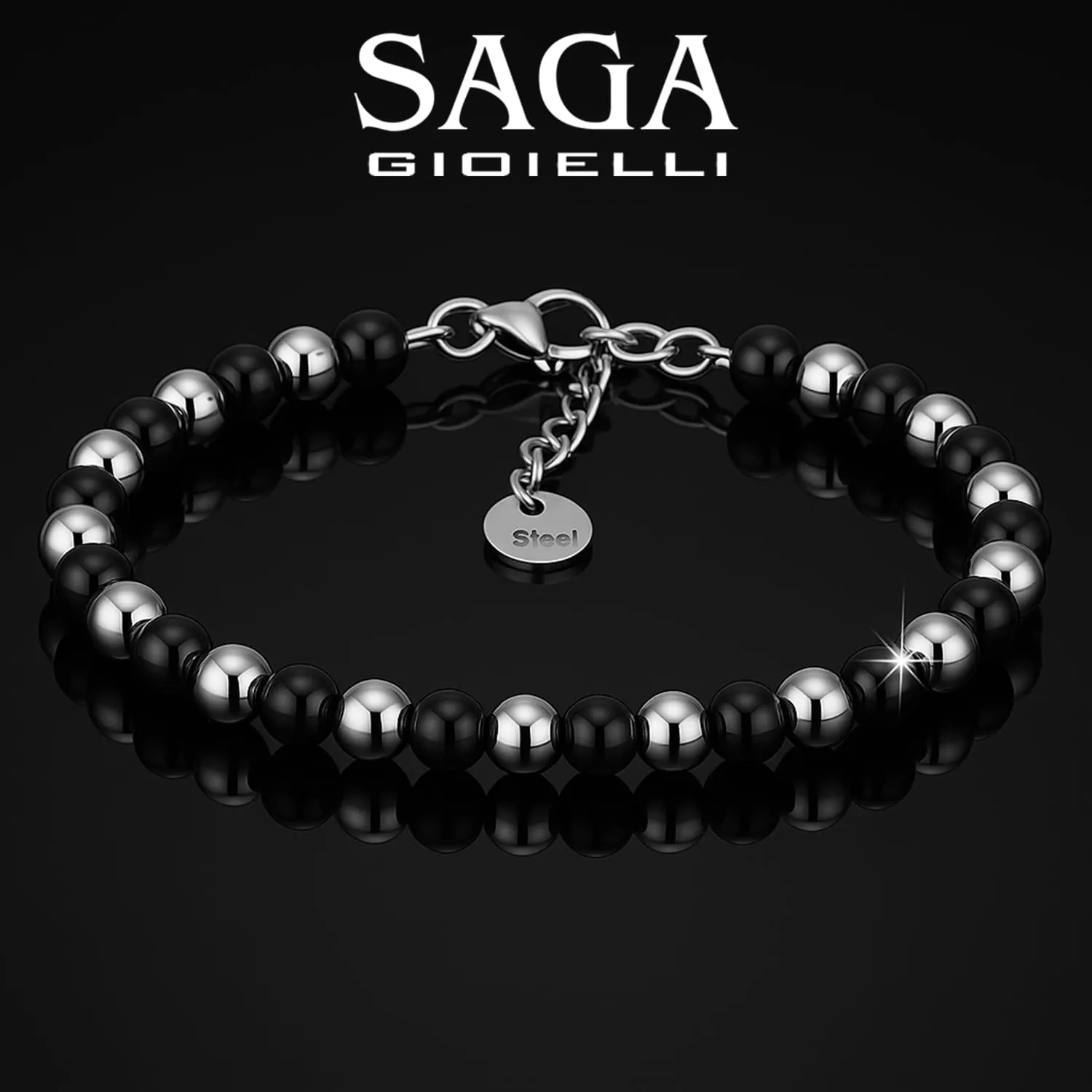 SAGA GIOIELLI BRACCIALE UOMO DONNA SFERE 4 MM LUNGHEZZA 18 + 3 CM ACCIAIO - immagine 3