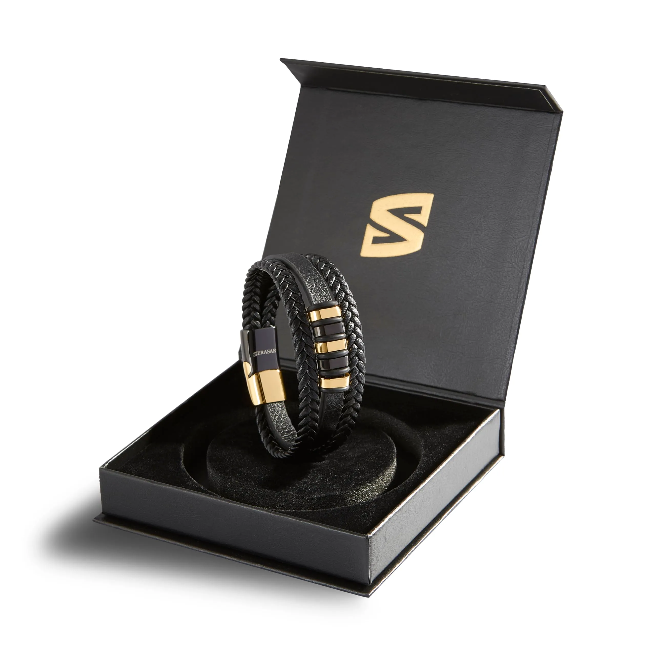 SERASAR Bracciale Uomo Cuoio Braccialetto Pelle Nera Intrecciato Oro 17cm - immagine 2