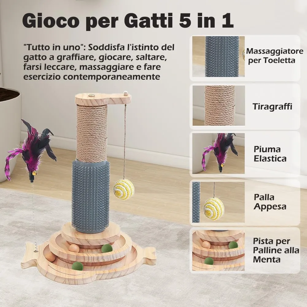Marchul 5 in 1 Giocattolo per Gatti: Tiragraffi per Gatti in Sisal con Pettine in Silicone, Torre Giocattolo con Palla Appesa e Palla Interattiva con Piuma Elastica per Giocare al Chiuso - immagine 2