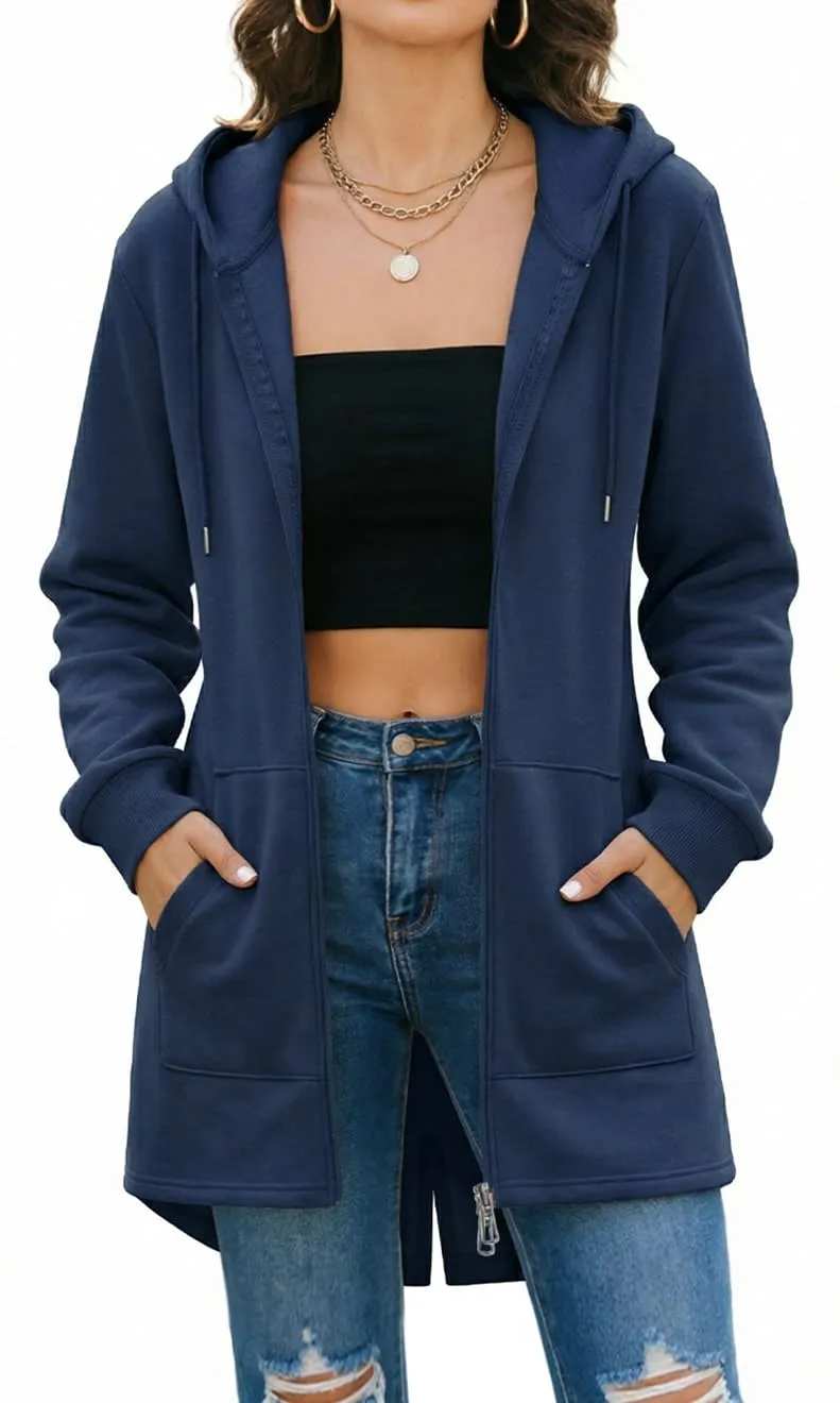 Tuopuda Donna Felpe con Cappuccio Giacca Elegante Scollo a V Top Manica Lunga Cardigan Felpe con Zip 2 Tasche Autunno Invernali Sweatshirt Cappotto Eleganti Pullover Hoodie Jumper, Blu, XL - immagine 1