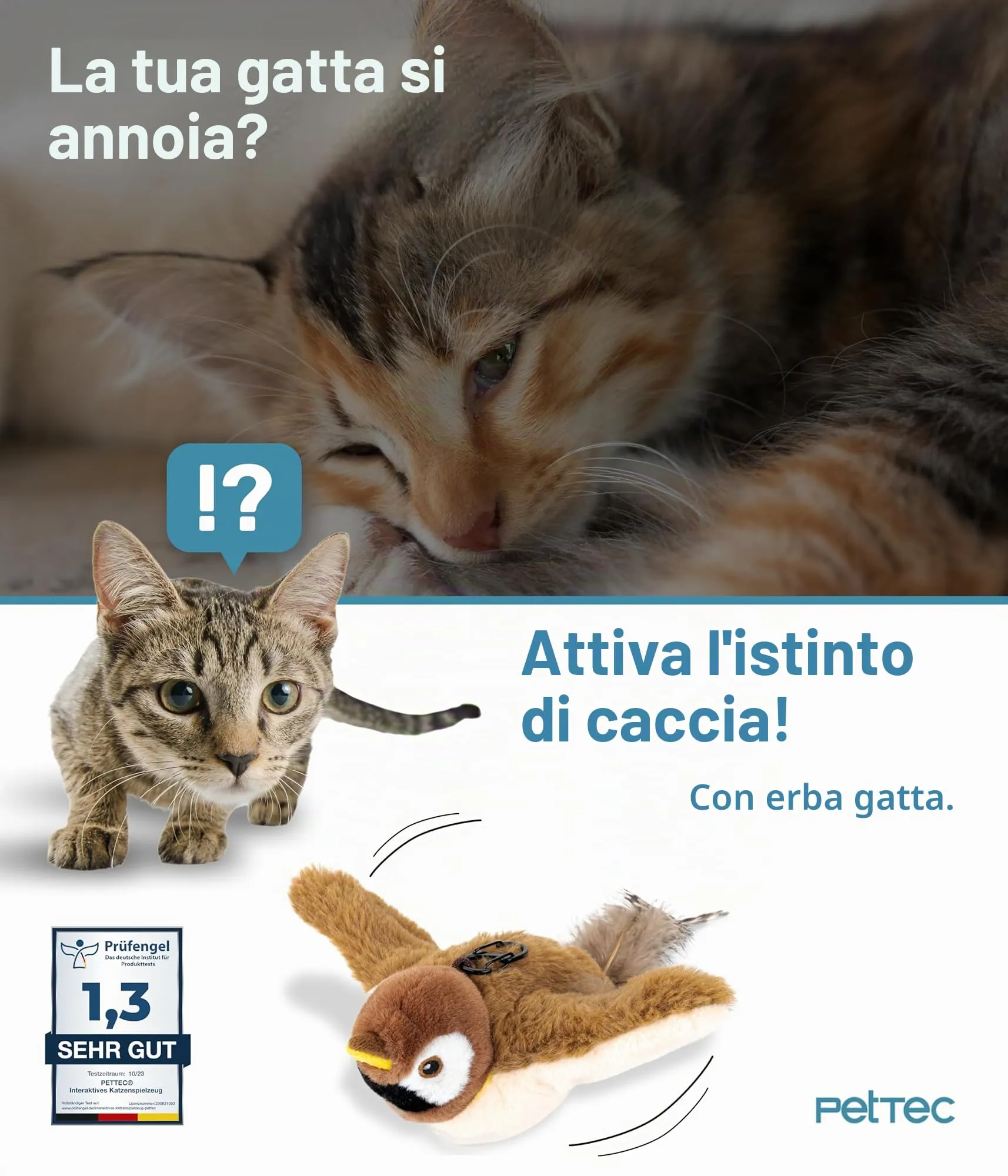 PetTec® Giocattolo per gatti interattivo elettrico per l'autonomia - Uccello che si muove con erba gatta, giocattolo per gatti pesci - giocattolo interattivo per gatti - giocattoli per gatti - immagine 2