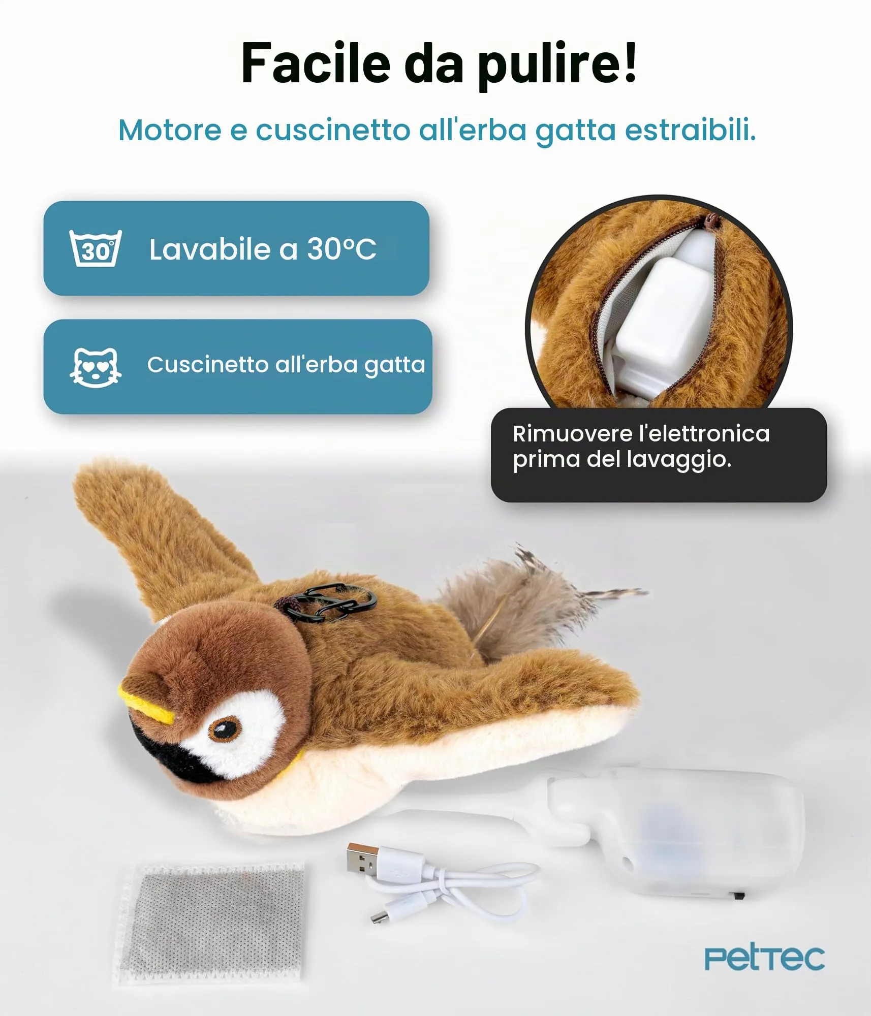 PetTec® Giocattolo per gatti interattivo elettrico per l'autonomia - Uccello che si muove con erba gatta, giocattolo per gatti pesci - giocattolo interattivo per gatti - giocattoli per gatti - immagine 6