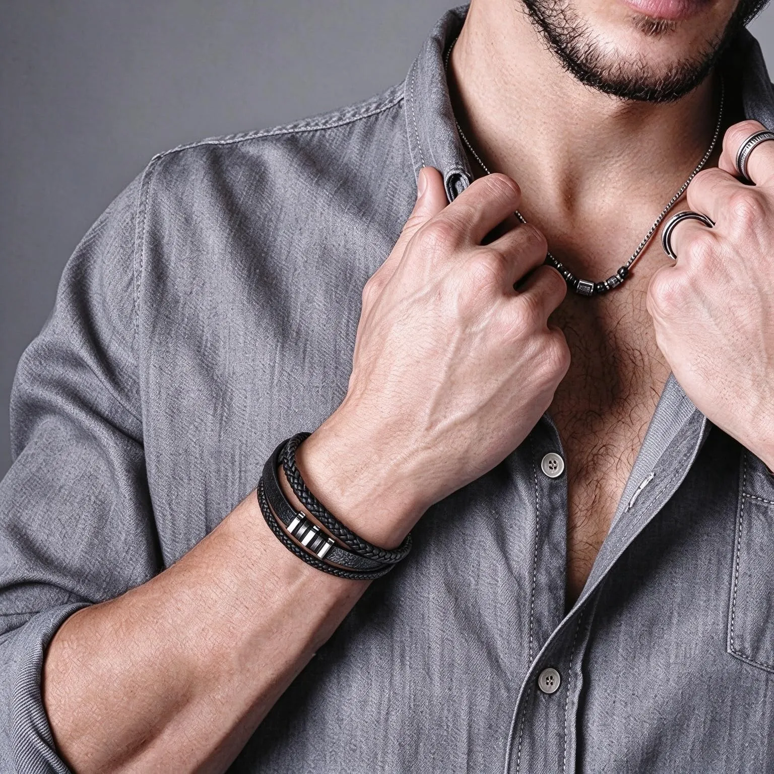 Gkmamrg Bracciale da uomo Pelle nera Bracciali - Regalo uomo - immagine 3