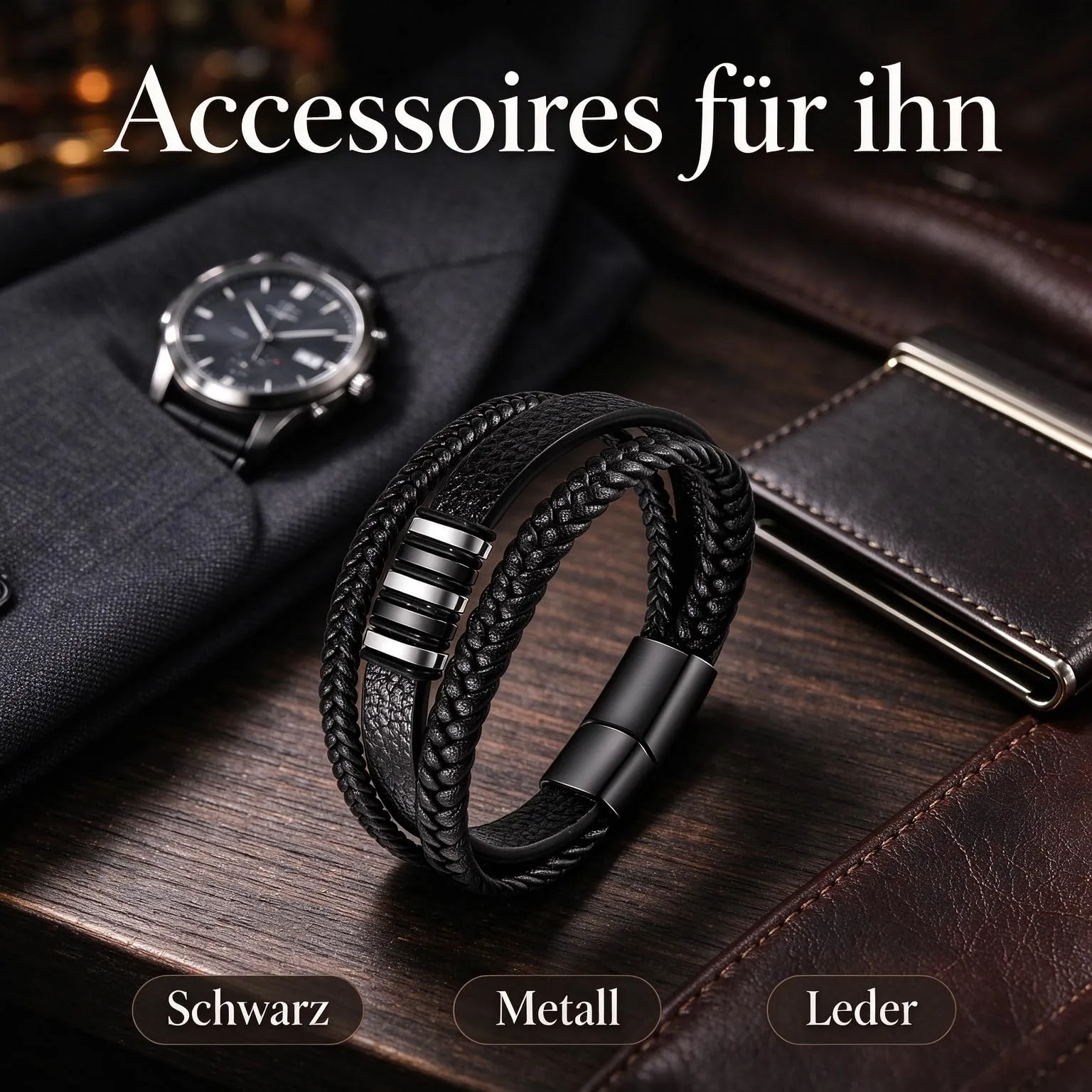 Gkmamrg Bracciale da uomo Pelle nera Bracciali - Regalo uomo - immagine 4