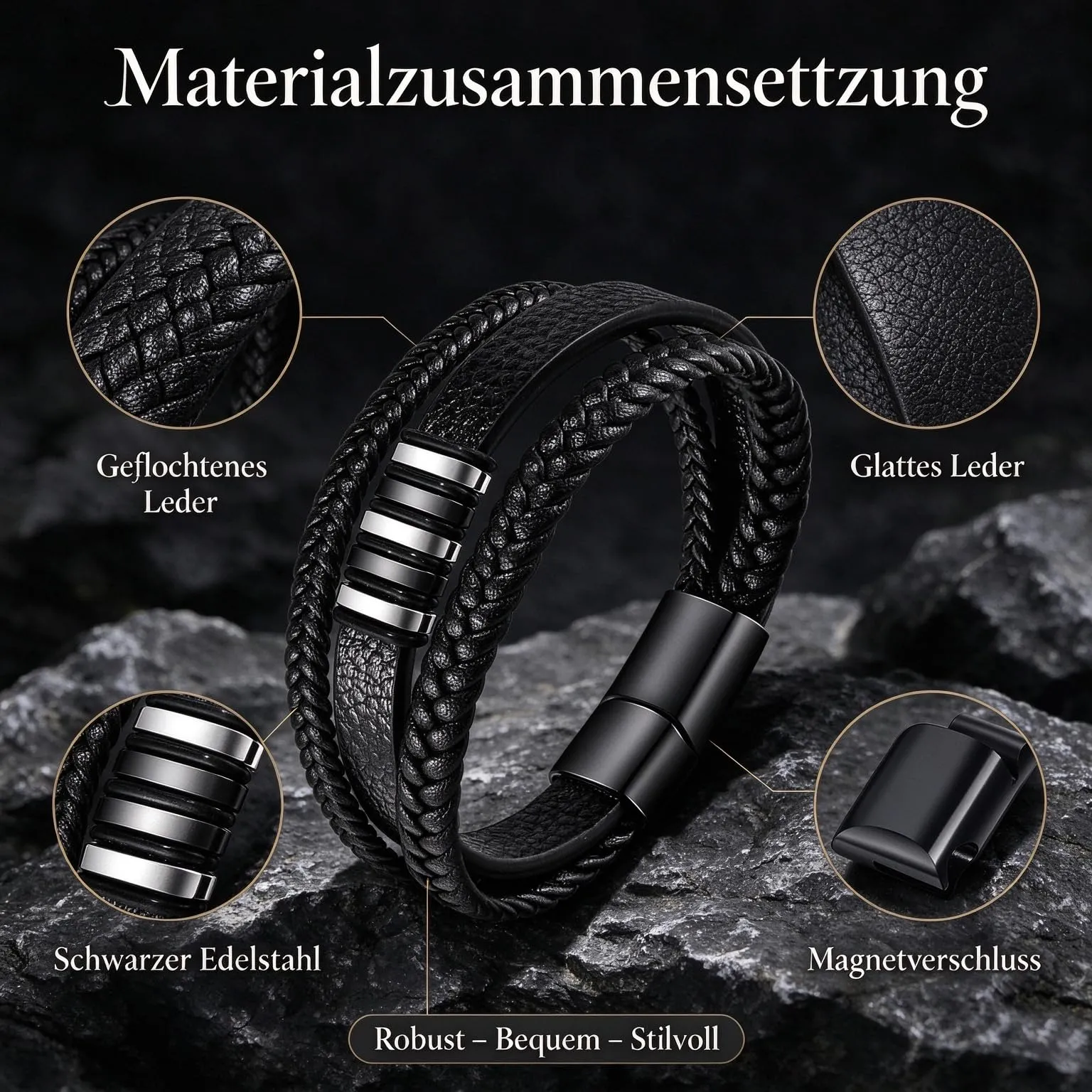 Gkmamrg Bracciale da uomo Pelle nera Bracciali - Regalo uomo - immagine 5