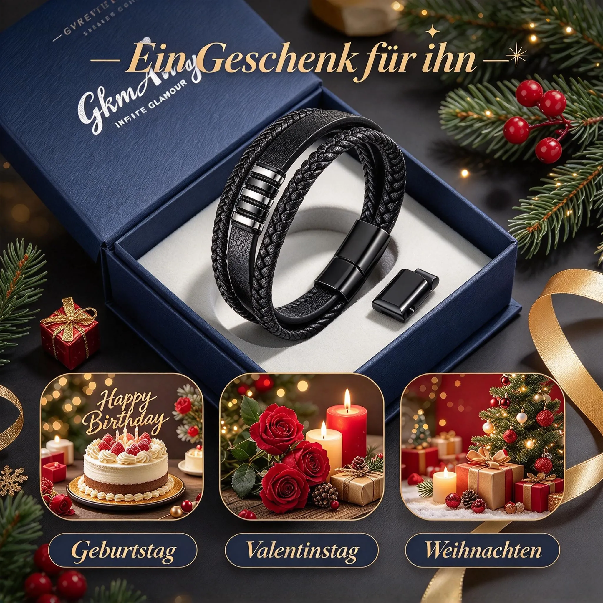 Gkmamrg Bracciale da uomo Pelle nera Bracciali - Regalo uomo - immagine 8