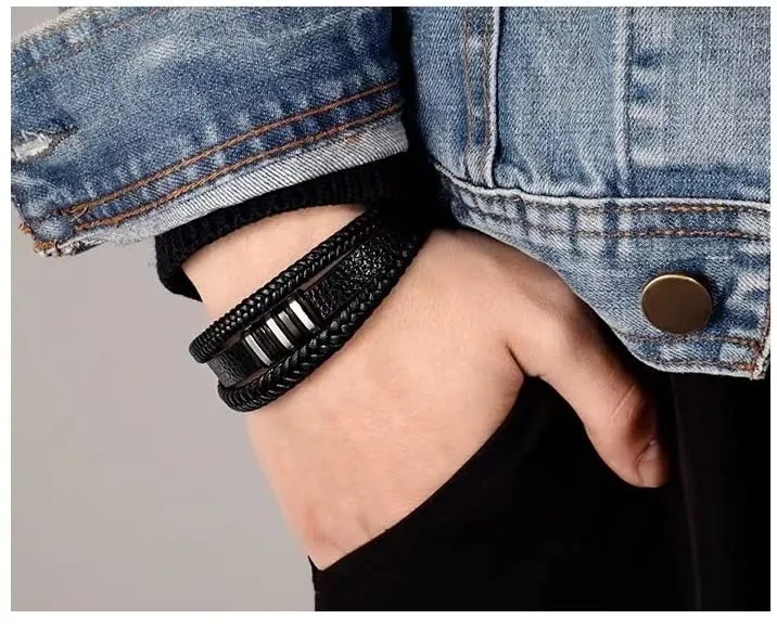 Gkmamrg Bracciale da uomo Pelle nera Bracciali - Regalo uomo - immagine 9