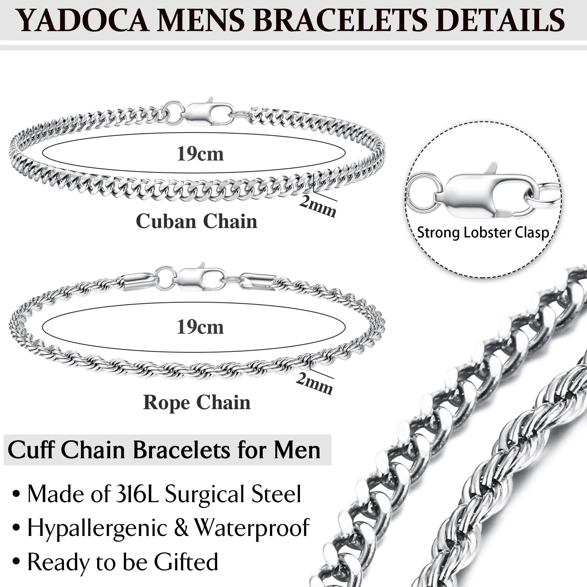 YADOCA Bracciali Uomo a Catena in Acciaio Inossidabile, Set 19 cm - immagine 5