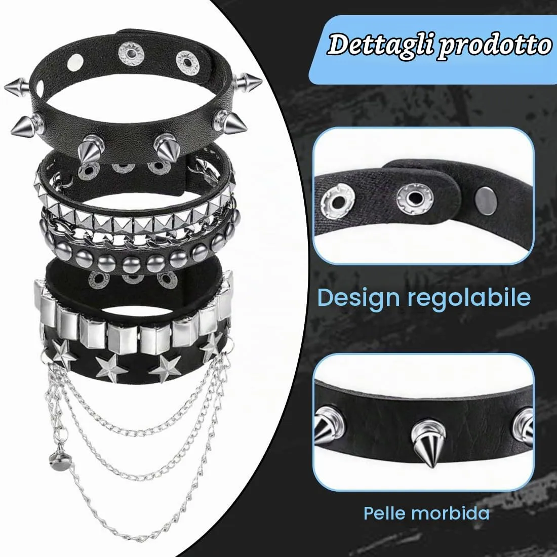 JYNXOR 3 Pcs Bracciale Uomo Pelle Nera Punk Rock, Gotici Anni 80, Con Borchie e Punte, Stile Punk Rock, Vintage, Accessori Steampunk, Braccialetti Regolabili, Accessori Moda, Per Uomo Donna, Cosplayer - immagine 2