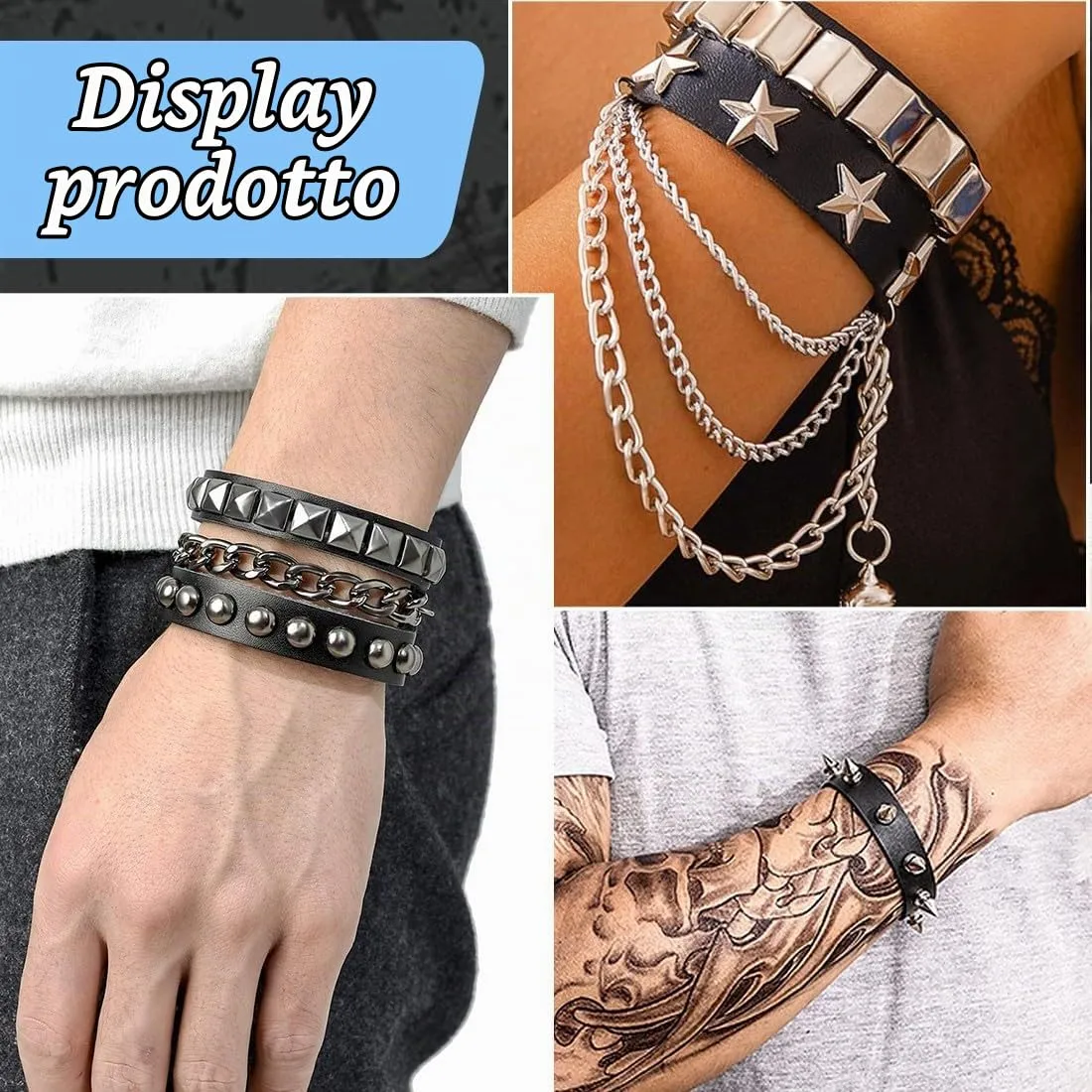 JYNXOR 3 Pcs Bracciale Uomo Pelle Nera Punk Rock, Gotici Anni 80, Con Borchie e Punte, Stile Punk Rock, Vintage, Accessori Steampunk, Braccialetti Regolabili, Accessori Moda, Per Uomo Donna, Cosplayer - immagine 4