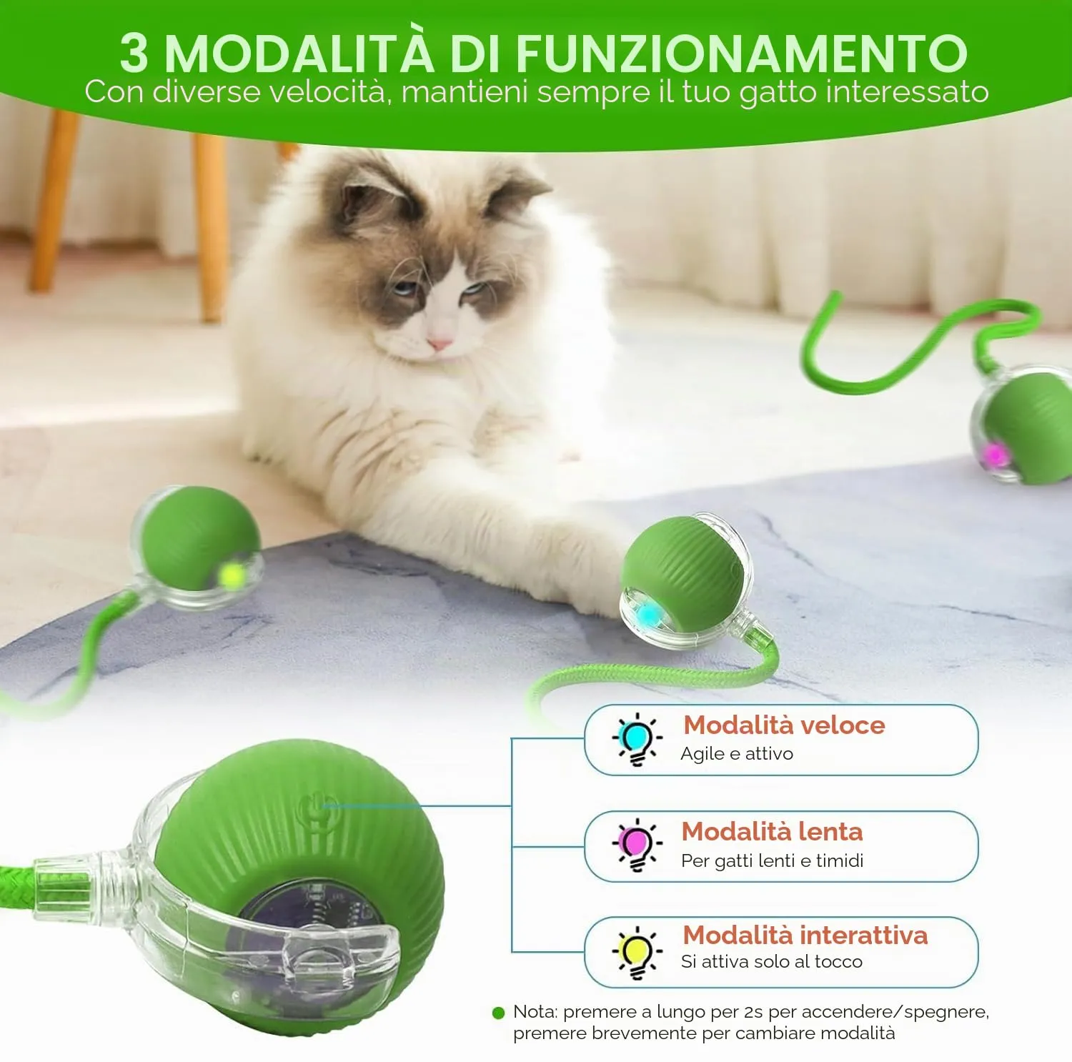 2 Pezzi Giocattolo Interattivo per Gatti, Palla Elettrica, Ricaricabile Giochi per Gatti da Caccia con 3 Modalità, Palla Automatica Intelligente Elettrico Palla Rotante a 360 Gradi per Gatti e Cani - immagine 2