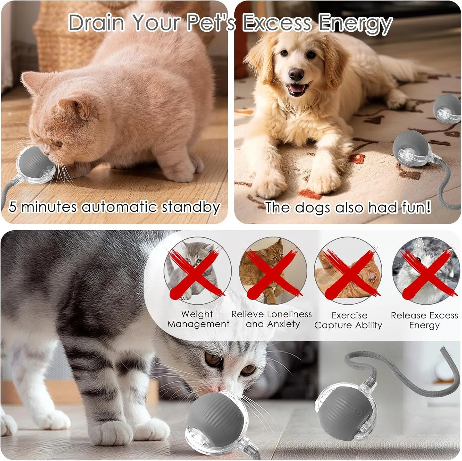 2 Pezzi Giocattolo Interattivo per Gatti, Palla Elettrica, Ricaricabile Giochi per Gatti da Caccia con 3 Modalità, Palla Automatica Intelligente Elettrico Palla Rotante a 360 Gradi per Gatti e Cani - immagine 4