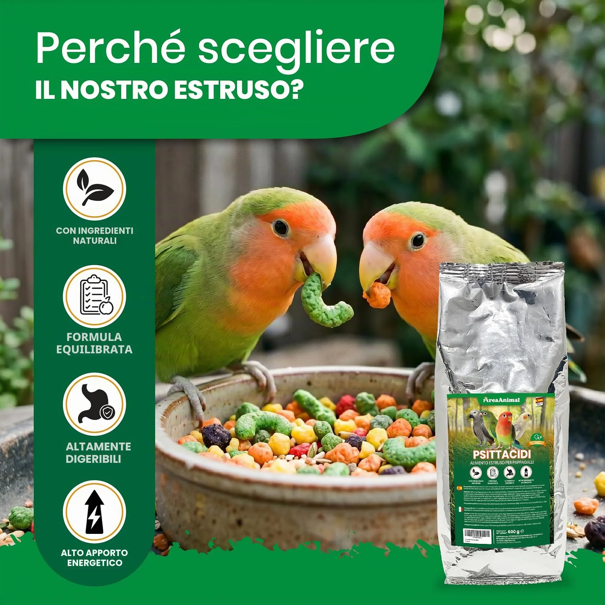 AreaAnimal - Estrusi per Pappagalli, Mangime Cocorite 600g - immagine 2