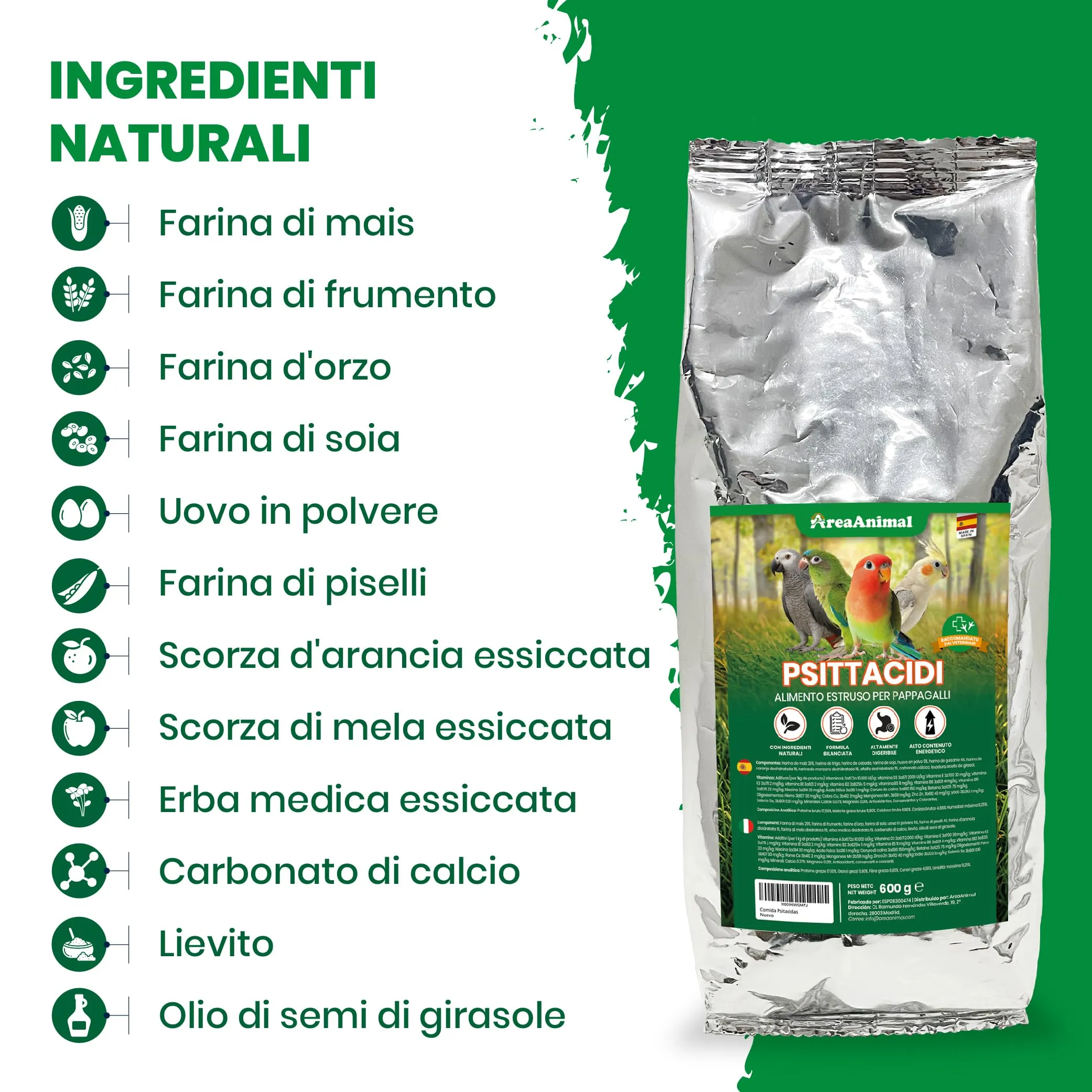 AreaAnimal - Estrusi per Pappagalli, Mangime Cocorite 600g - immagine 5