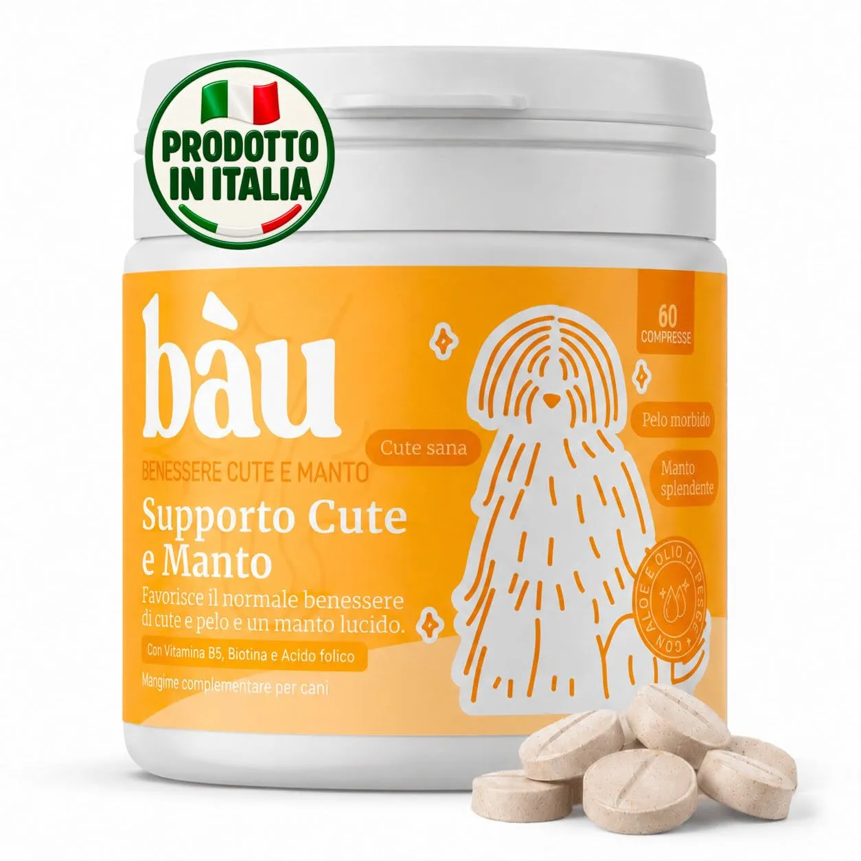 Bau Integratore Sollievo Prurito Cane Allergie Stagionali o Alimentari, Supporto Dermatite Cane Senza Pollo, Malassezia Cane con Postbiotici, Biotina, Omega, Zinc- 60cps - immagine 1