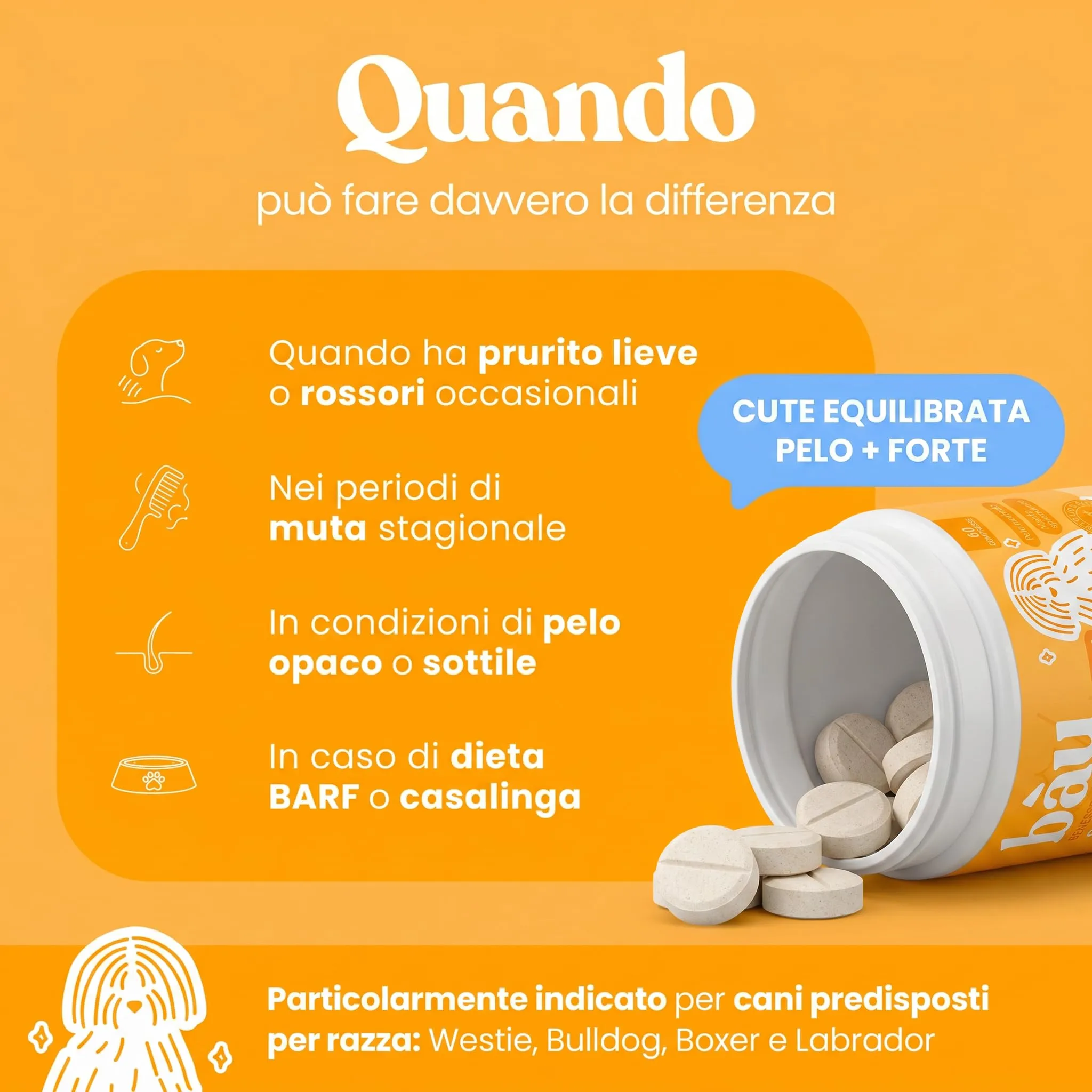 Bau Integratore Sollievo Prurito Cane Allergie Stagionali o Alimentari, Supporto Dermatite Cane Senza Pollo, Malassezia Cane con Postbiotici, Biotina, Omega, Zinc- 60cps - immagine 3