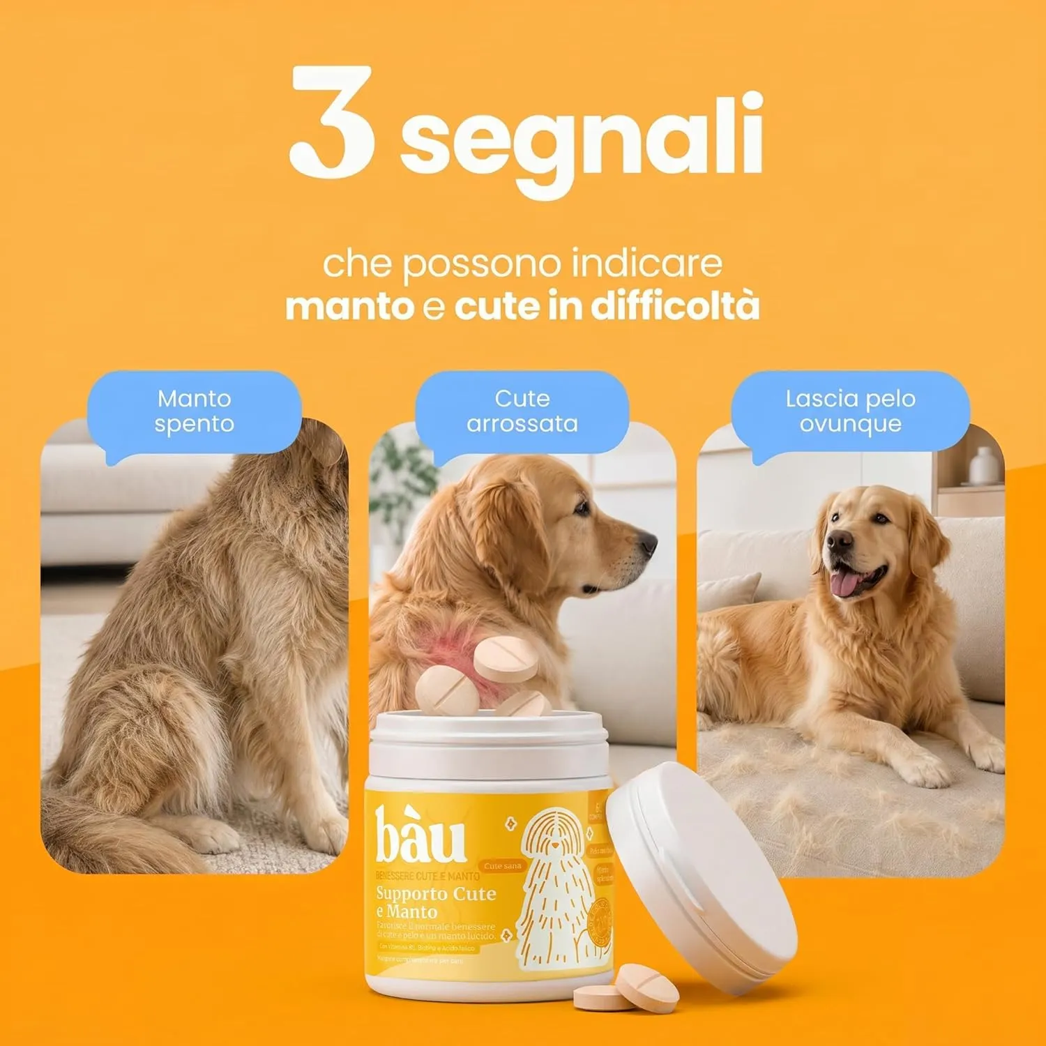 Bau Integratore Sollievo Prurito Cane Allergie Stagionali o Alimentari, Supporto Dermatite Cane Senza Pollo, Malassezia Cane con Postbiotici, Biotina, Omega, Zinc- 60cps - immagine 5