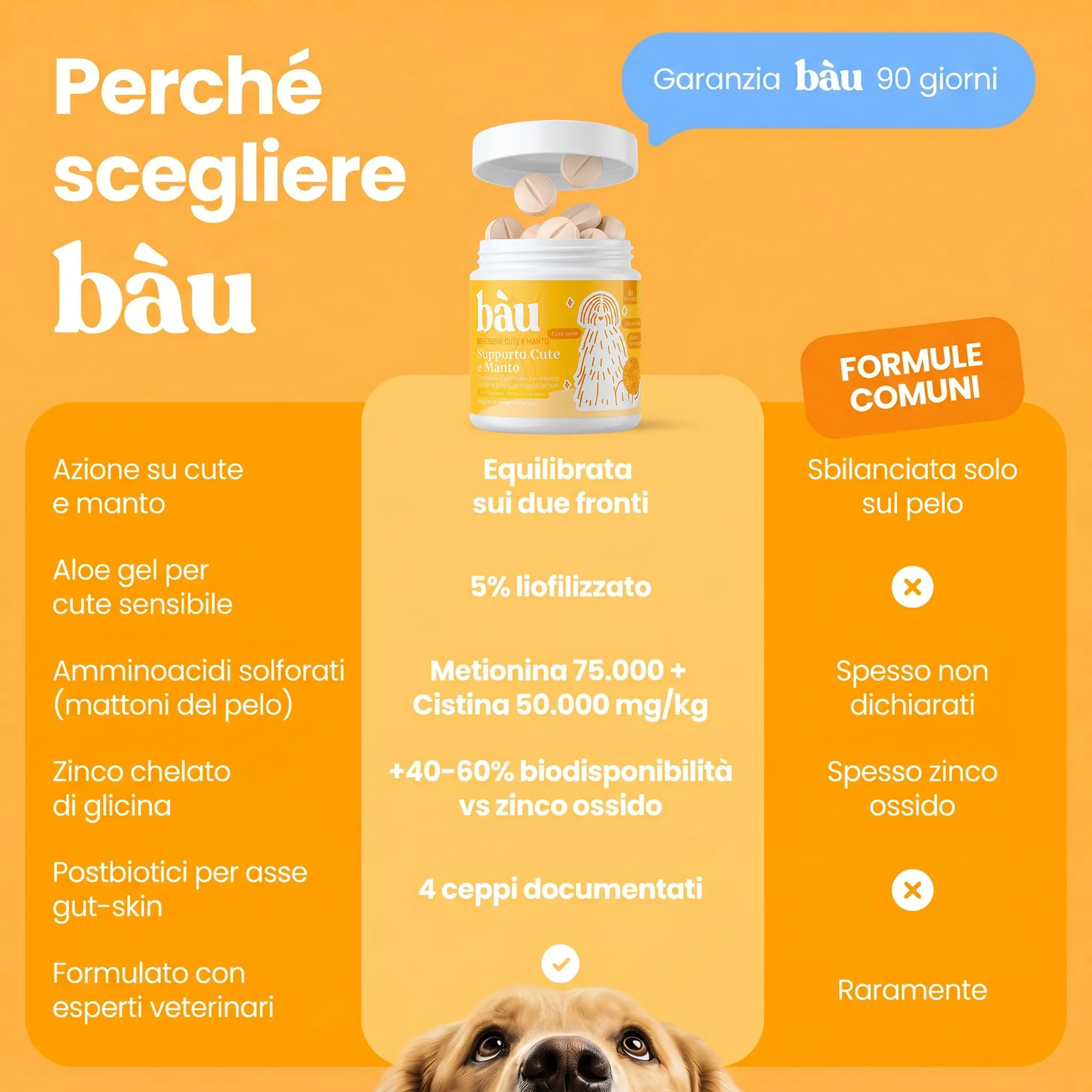 Bau Integratore Sollievo Prurito Cane Allergie Stagionali o Alimentari, Supporto Dermatite Cane Senza Pollo, Malassezia Cane con Postbiotici, Biotina, Omega, Zinc- 60cps - immagine 6